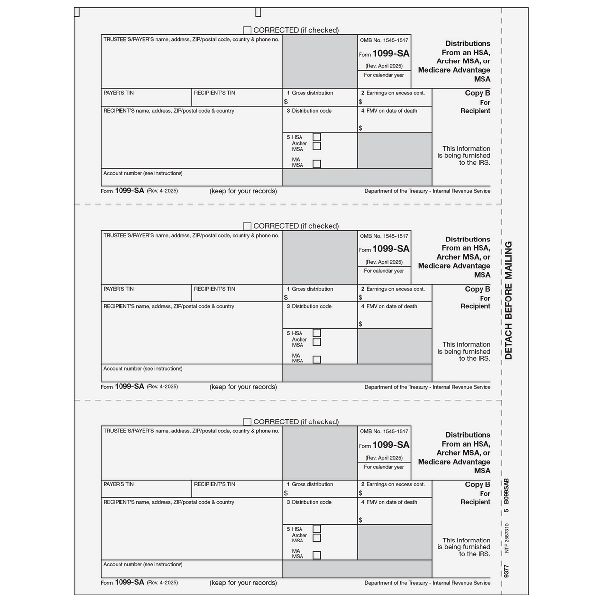 Form 1099-SA Distributions from an HSA, Archer MSA, Or Medicare Advantage MSA - Copy B Recipient - 25 Qty