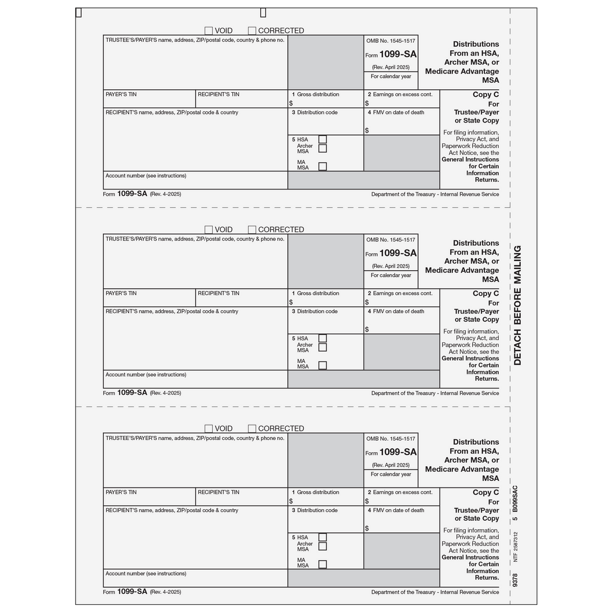 Form 1099-SA Distributions from an HSA, Archer MSA, Or Medicare Advantage MSA - Copy C Payer - 25 Qty