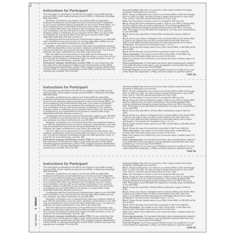 Form 5498-SA HSA, Archer MSA, or Medicare Advantage MSA Information Copy B Participant - 25 Qty