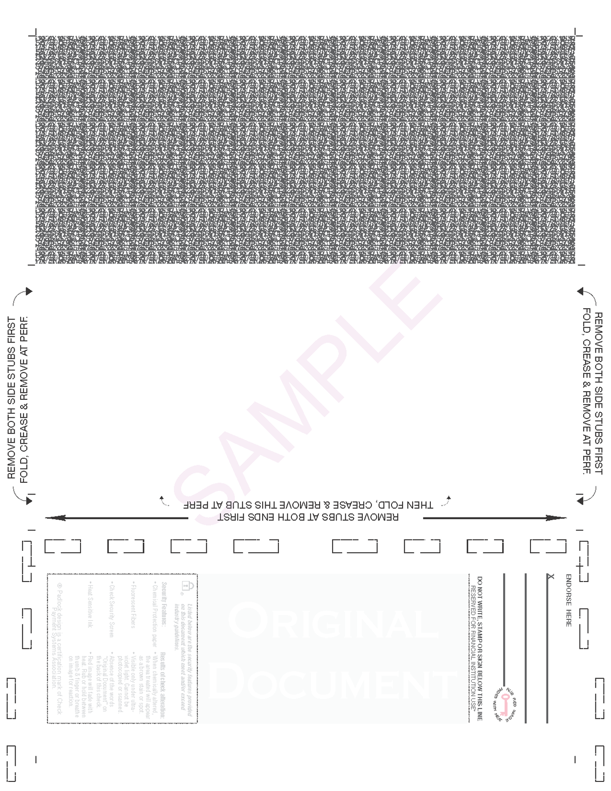 Check, Void Pantograph Blue – Blue 281 C-Fold Blank Pressure Seal Checks – 8½ × 11