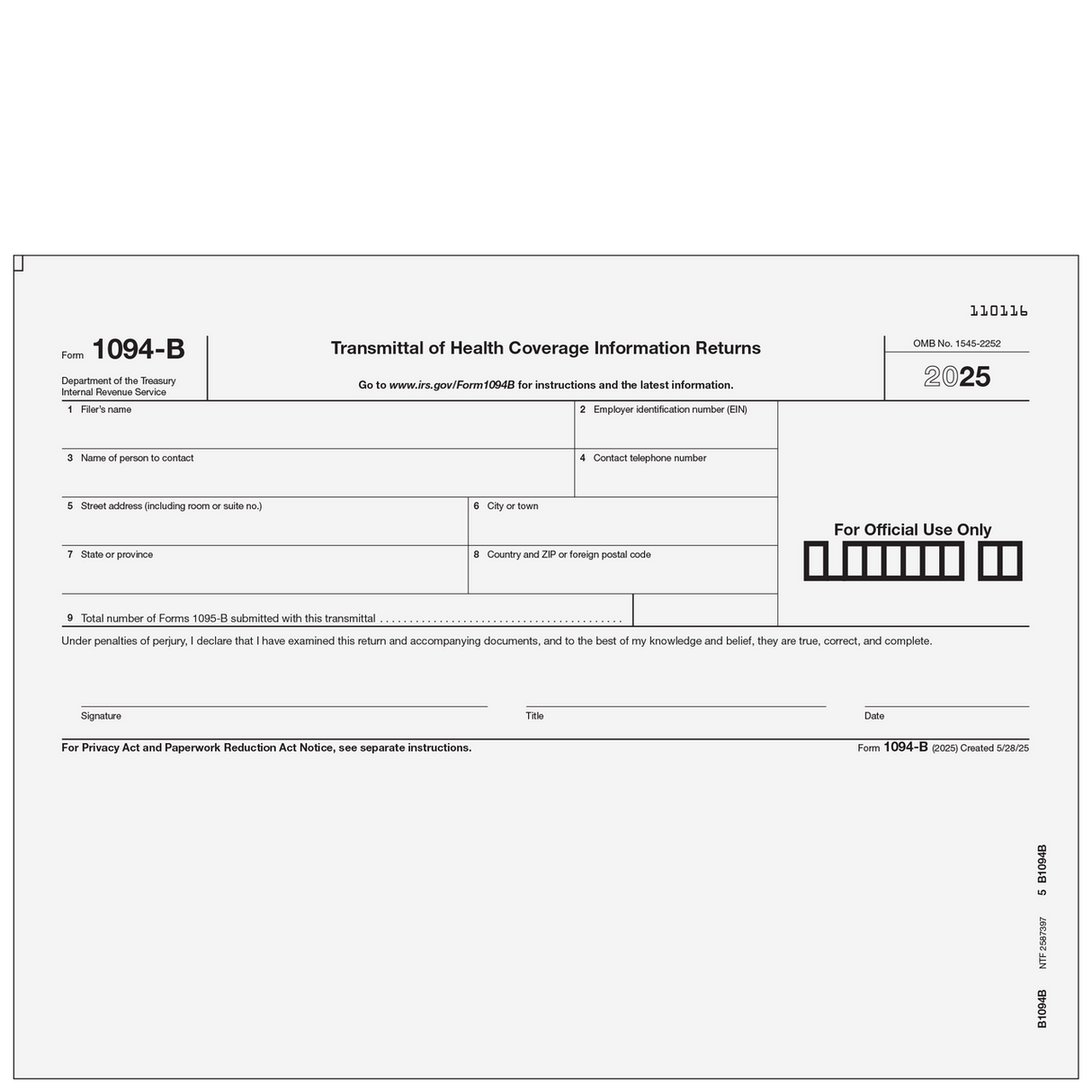 1094-B Transmittal of Health Coverage Information Returns