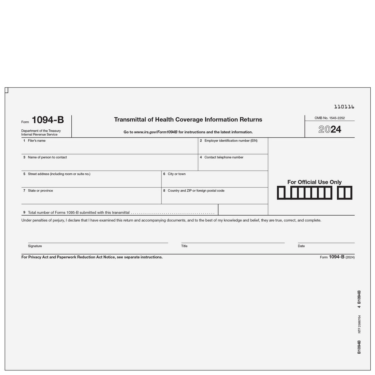 1094-B Transmittal of Health Coverage Information Returns - 25 Qty