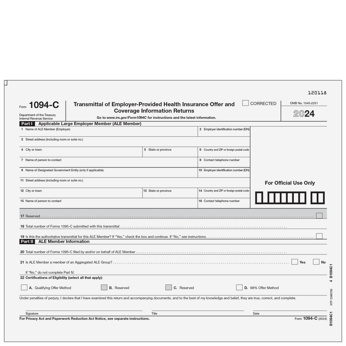Form 1094-C - Transmittal of Employer-Provided Health Insurance Offer and Coverage Information Returns (Page 1) - 25 Qty