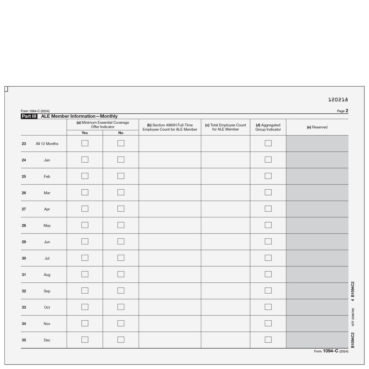 Form 1094-C - Transmittal of Employer-Provided Health Insurance Offer and Coverage Information Returns (Page 2) - 25 Qty