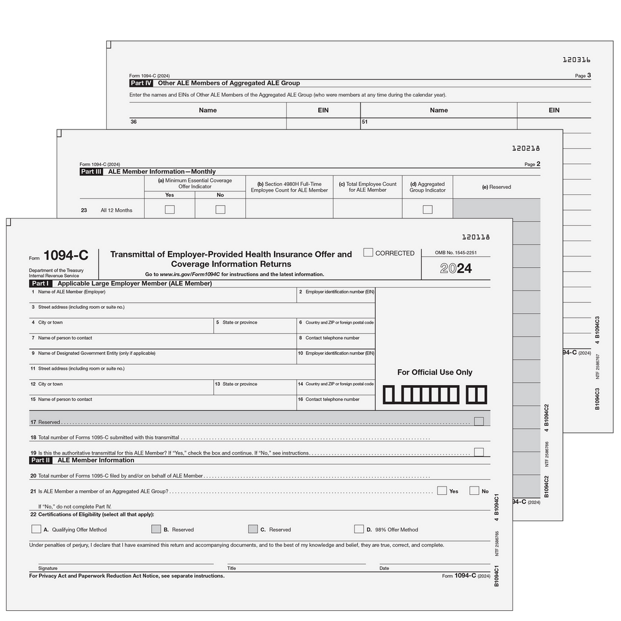 Form 1094-C - Transmittal of Employer-Provided Health Insurance Offer and Coverage Information Returns (All Pages) - 25 Qty
