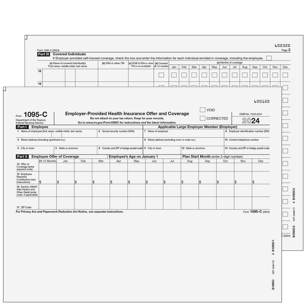 Form 1095-C - Employer Provided Health Insurance Offer and Coverage (2-part Kit)