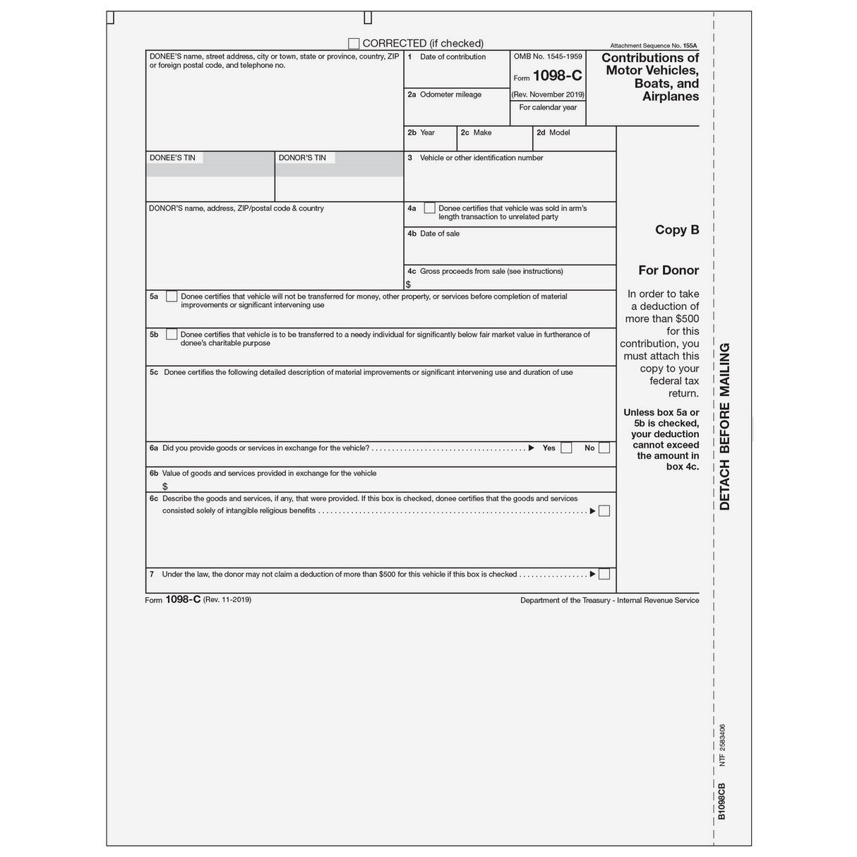 Form 1098-C - Contributions of Motor Vehicles, Boats, and Airplanes - Copy B Donor - 25 Qty