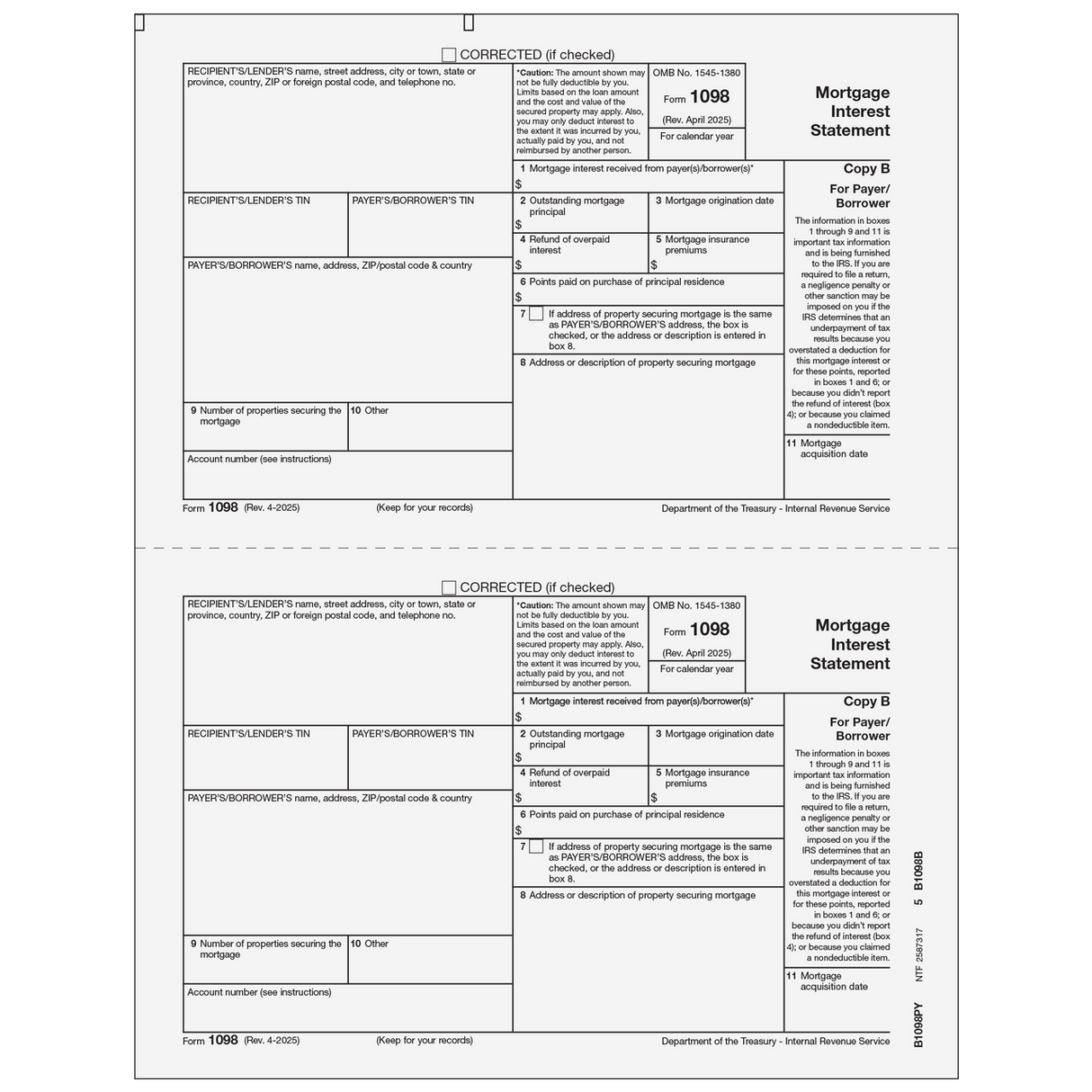 Form 1098 Mortgage Interest Statement - Copy B Payer/Borrower - 25 Qty