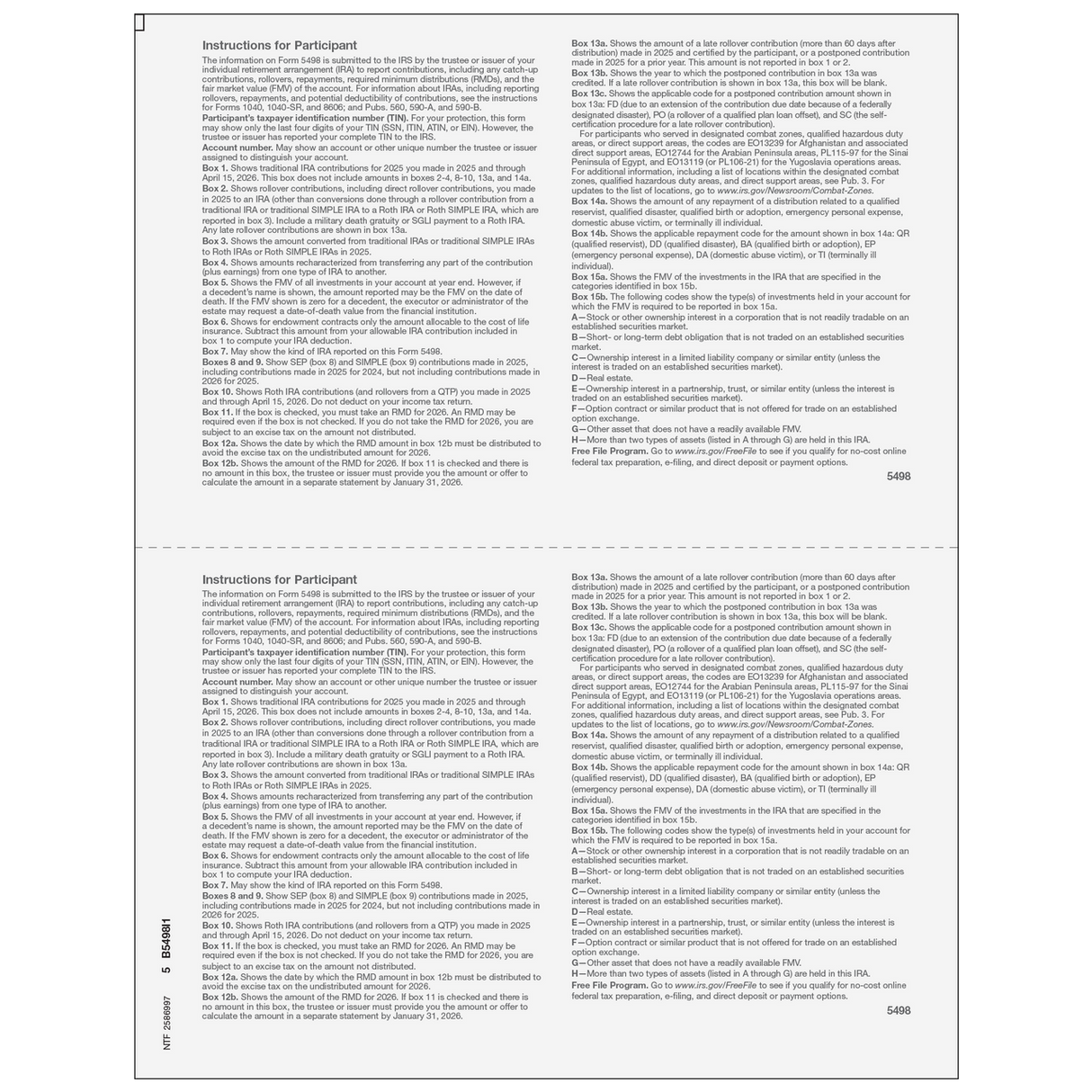 Form 5498 IRA Contribution Information Copy B Participant - 25 Qty
