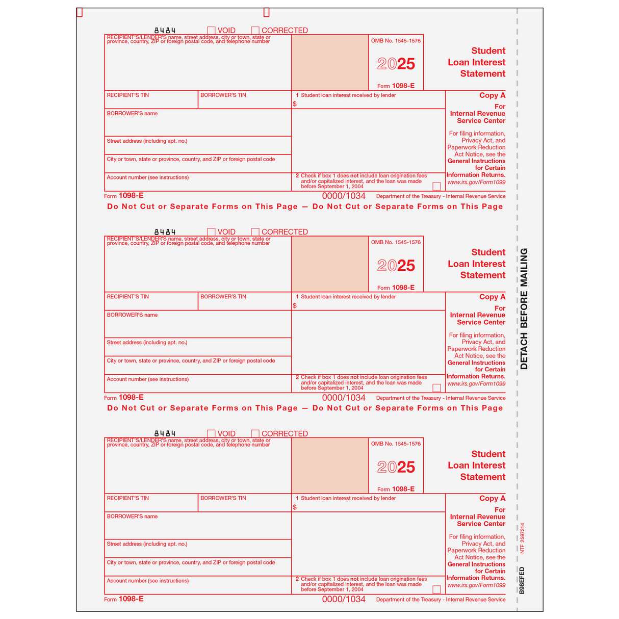 Form 1098-E Student Loan Interest Statement - Copy A Federal - 25 Qty