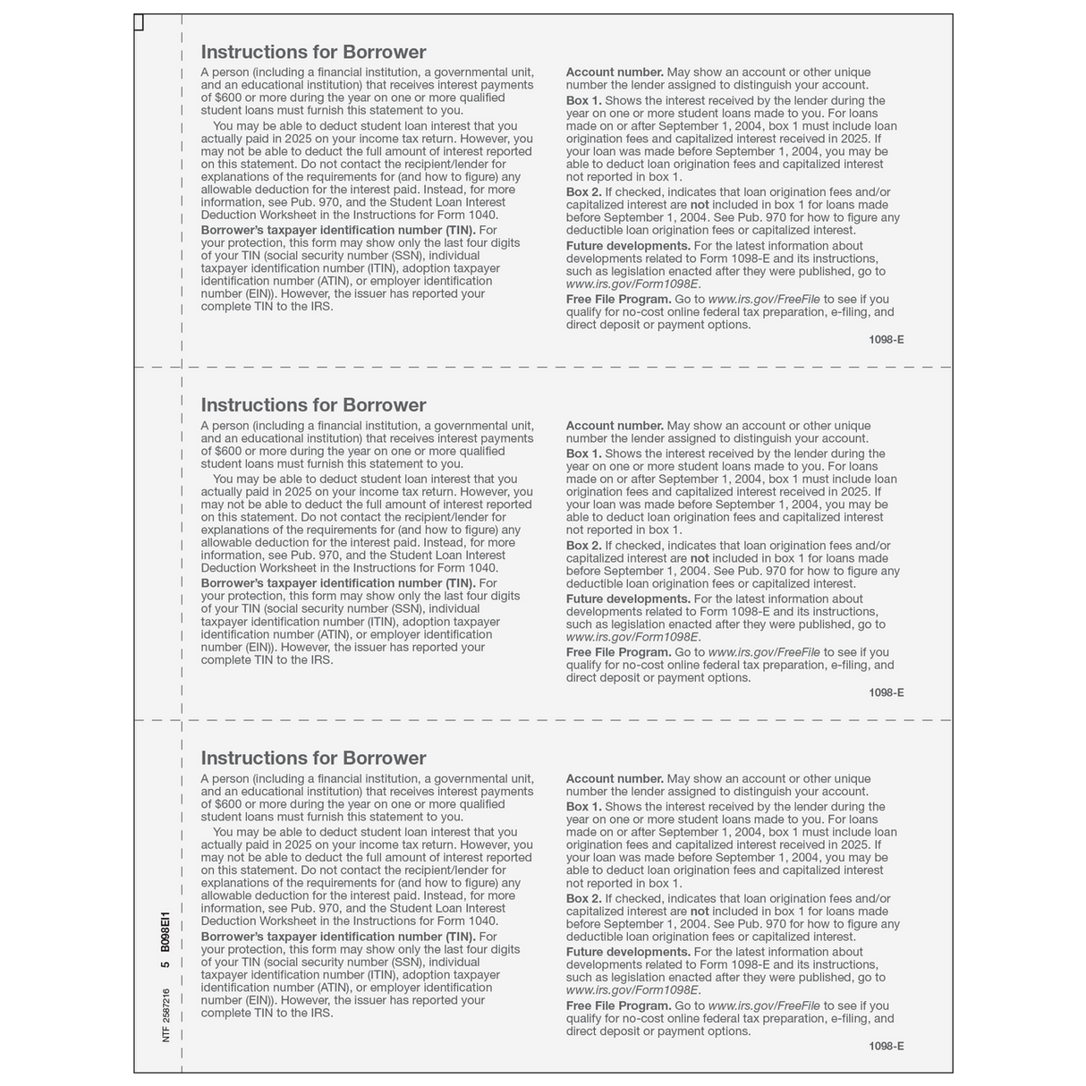 Form 1098-E Student Loan Interest Statement Borrower Copy B - 25 Qty