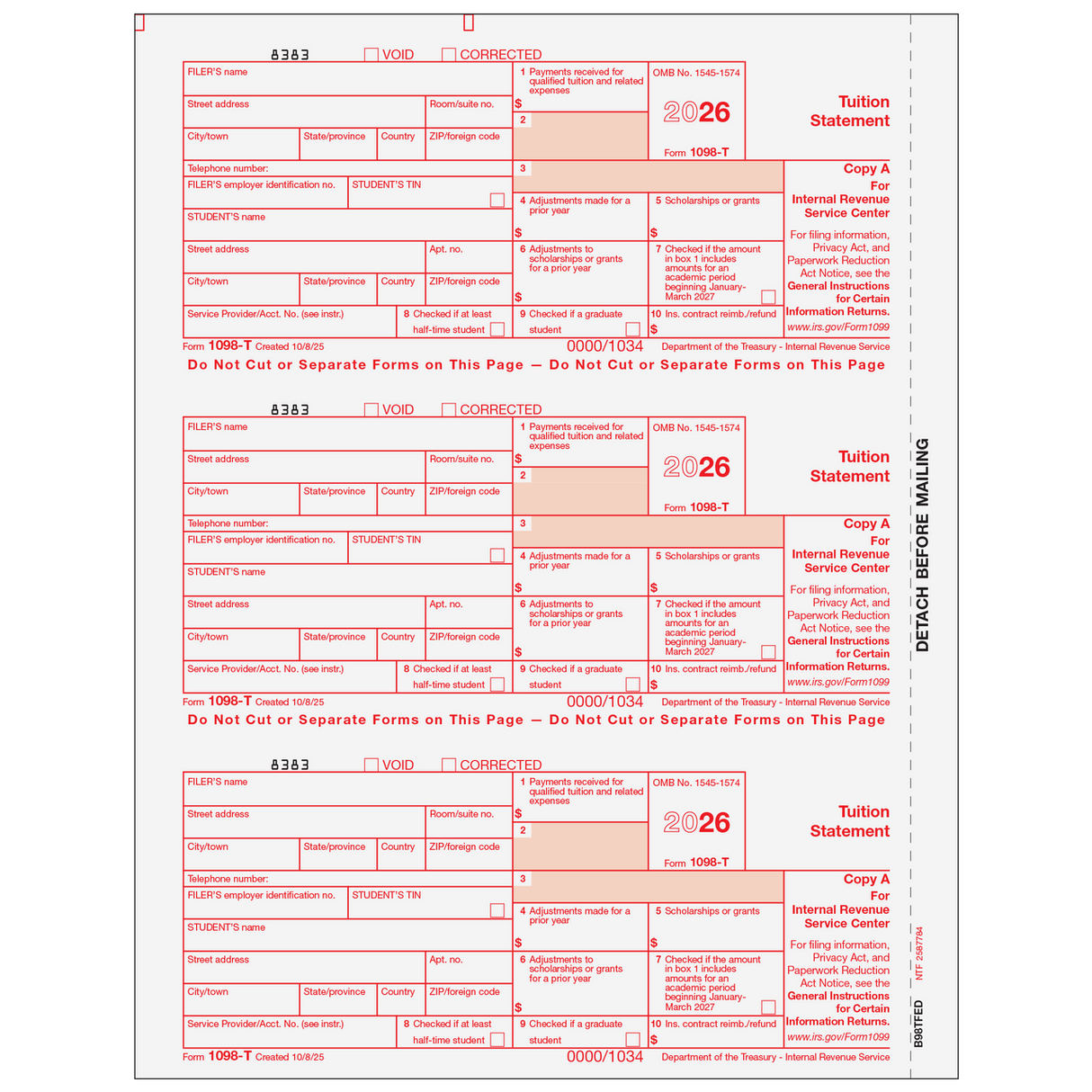2026 1098-T Federal Copy A Forms