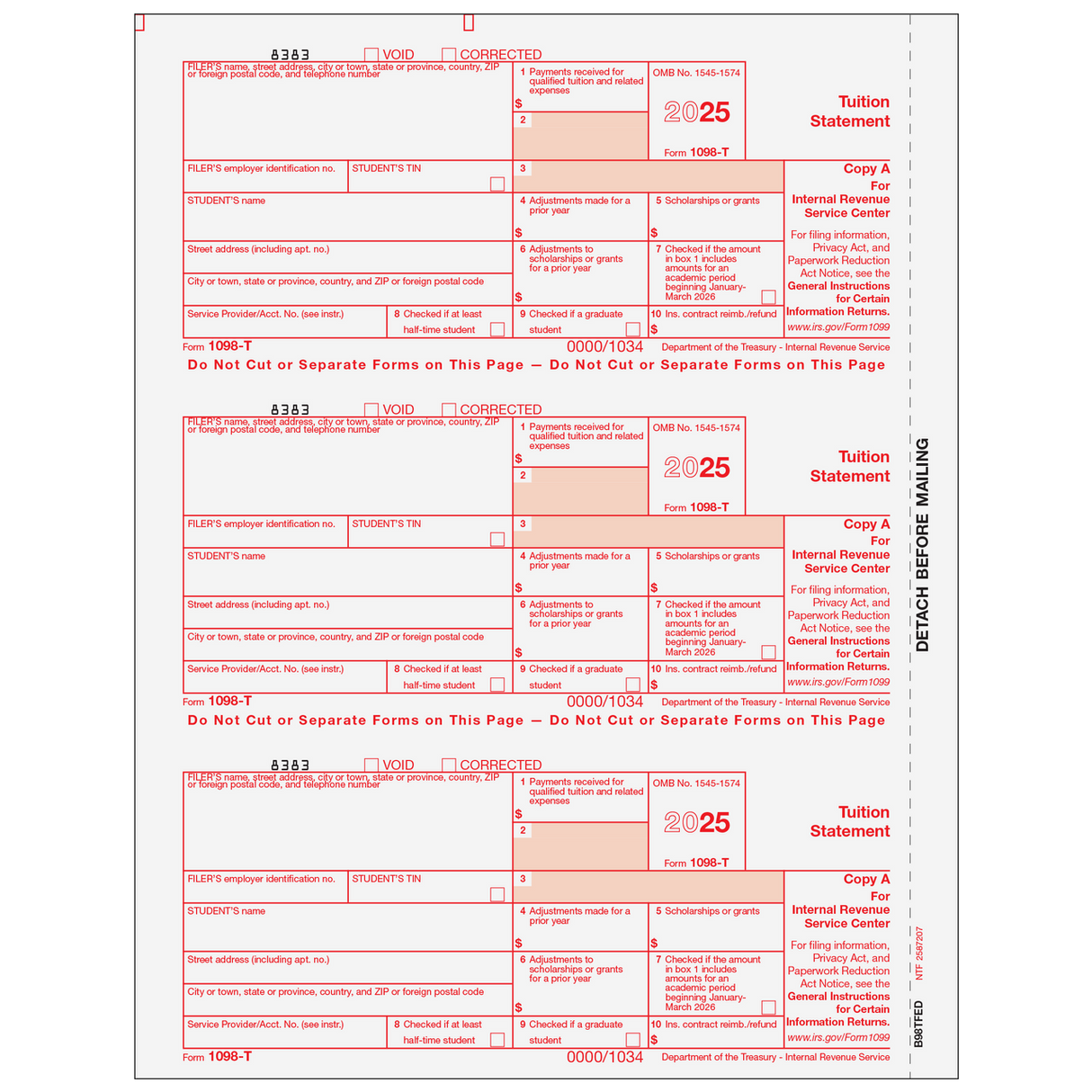 Form 1098-T Tuition Statement - Copy A Federal - 25 Qty
