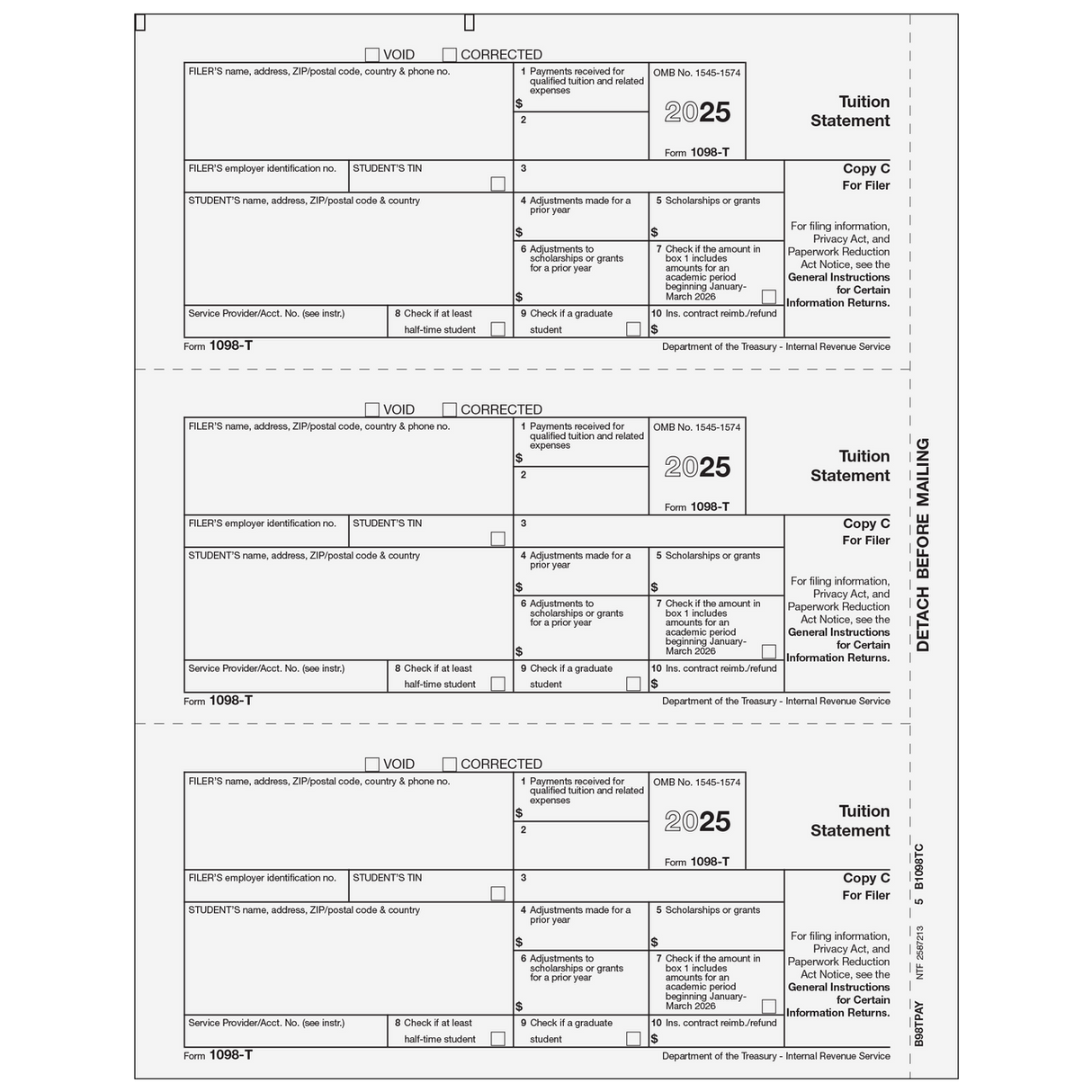 Form 1098-T Tuition Statement - Copy C Filer - 25 Qty