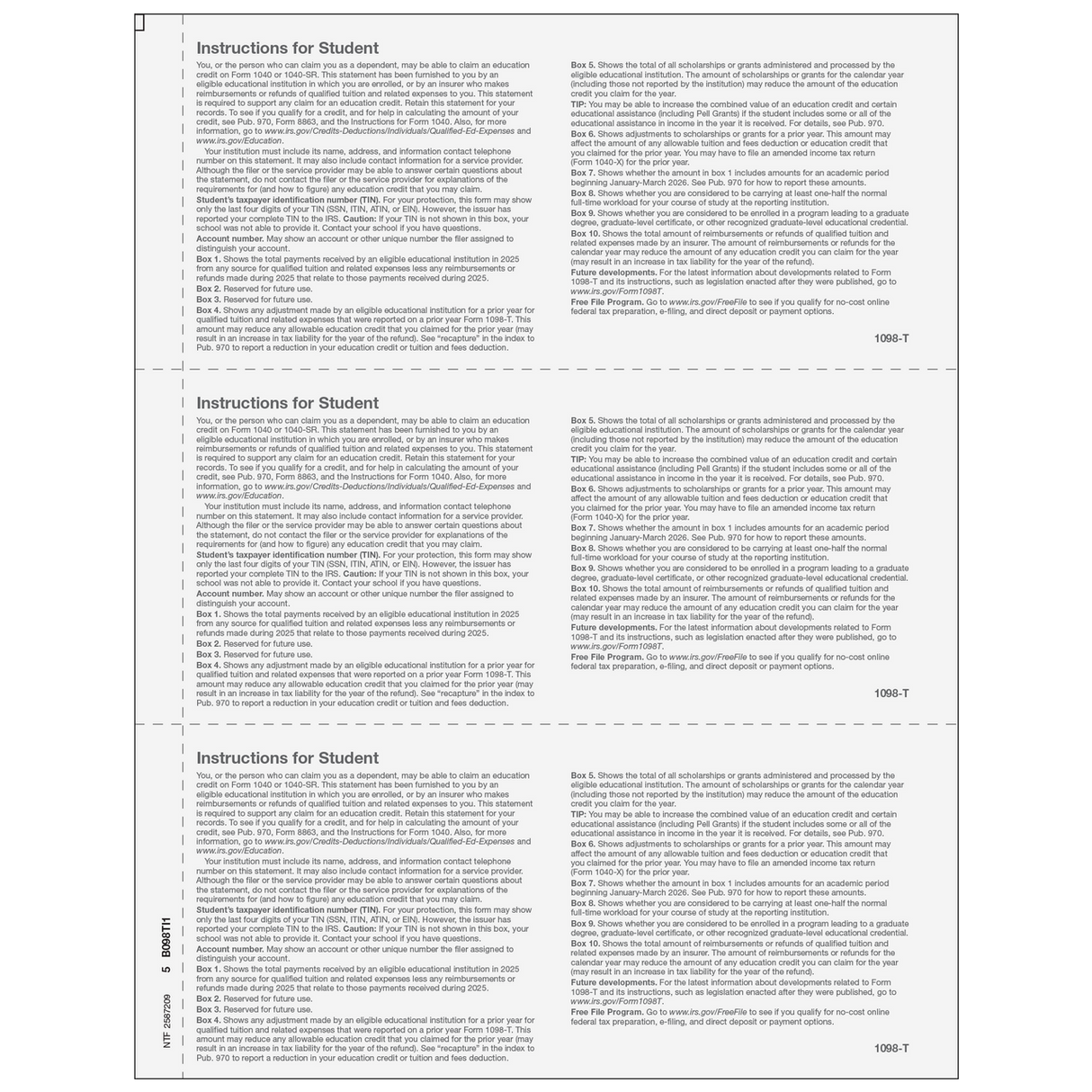 Form 1098-T Tuition Statement - Copy B Student