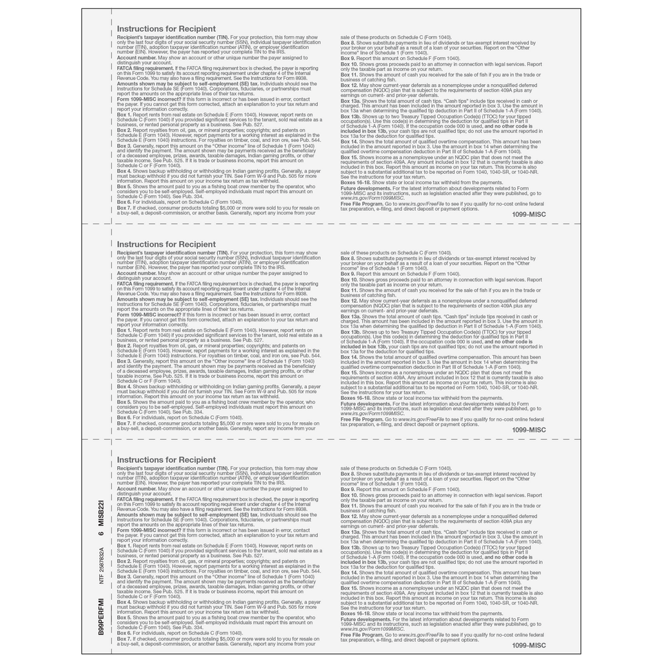2026 1099 3-Up Blank Laser Paper with 1/2 Inch Side Perforation and 1099-MISC Instructions