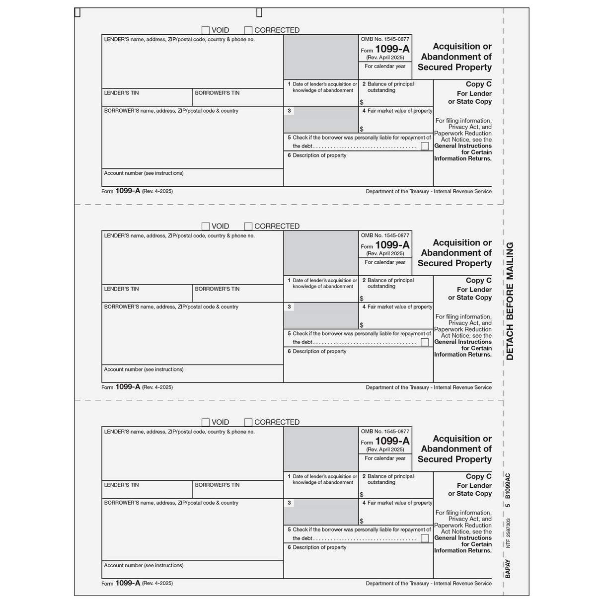 Form 1099-A Acquisition or Abandonment of Secured Property - Copy C Lender