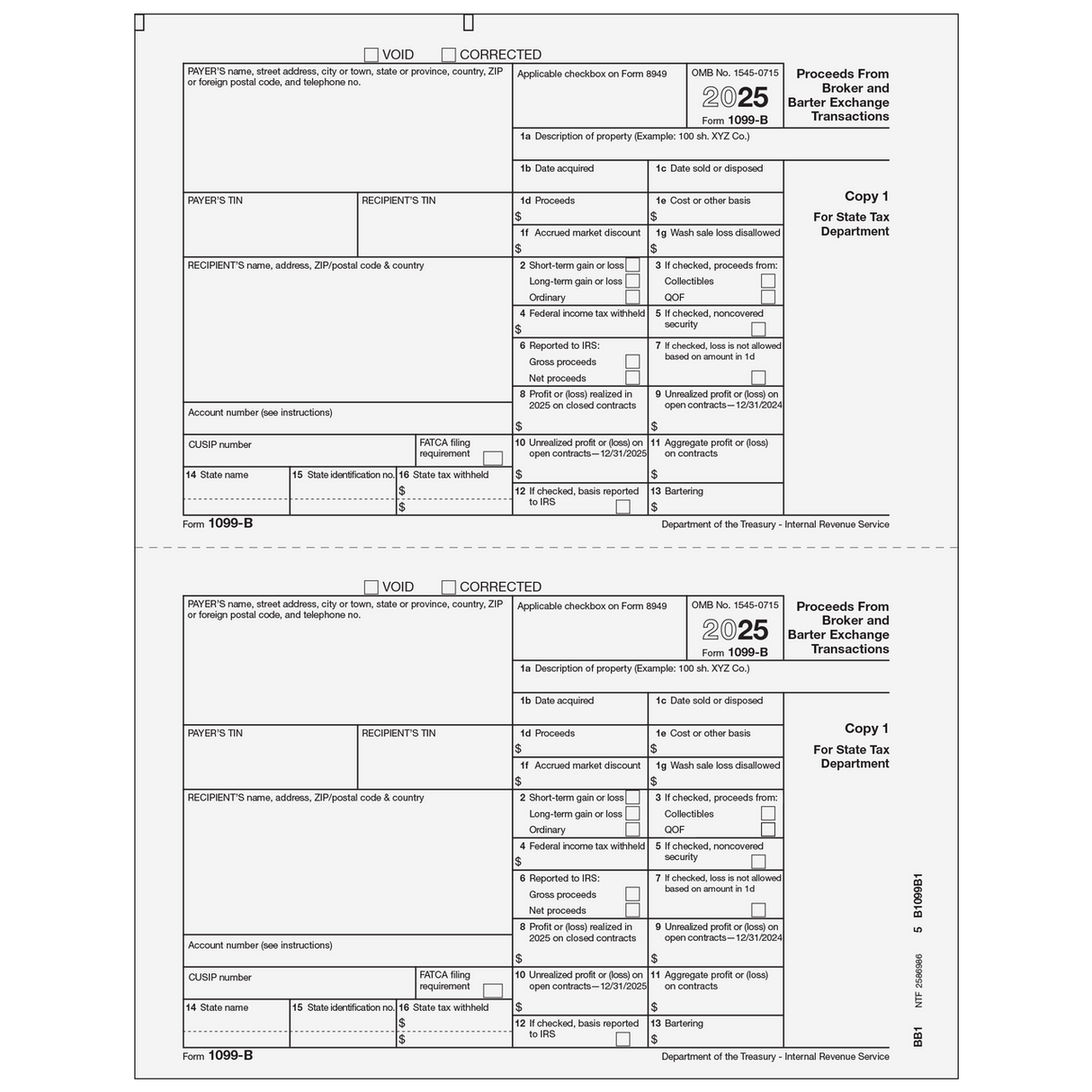 Form 1099-B Proceeds from Broker and Barter Exchange Transactions - Copy 1 State - 25 Qty