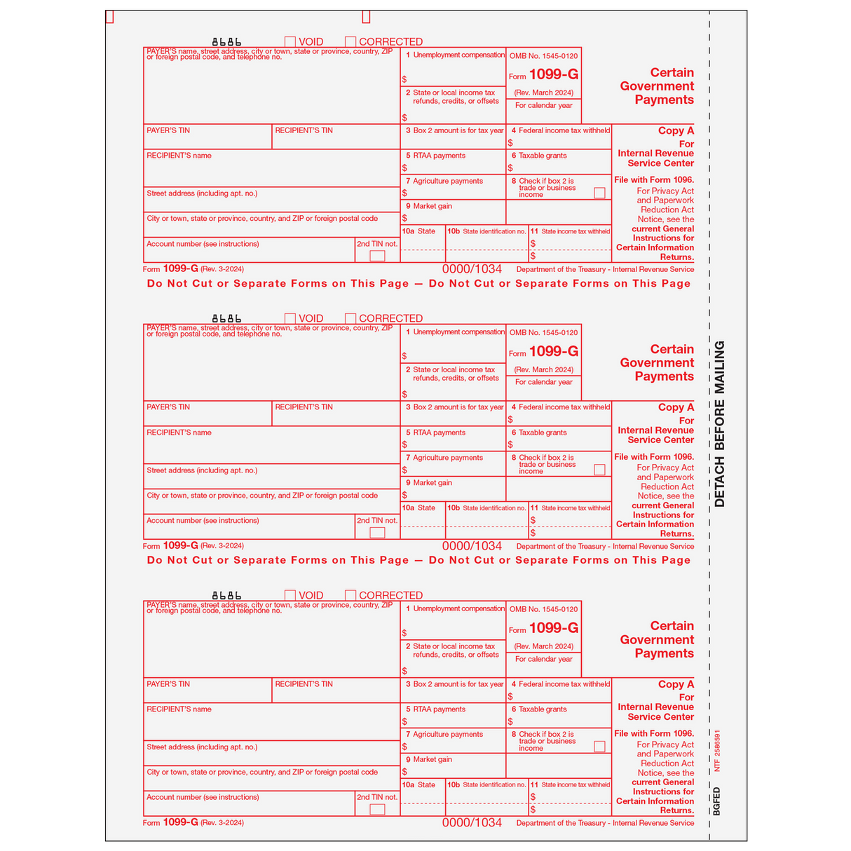 Form 1099-G Certain Government Payments - Copy A Federal- 25 Qty