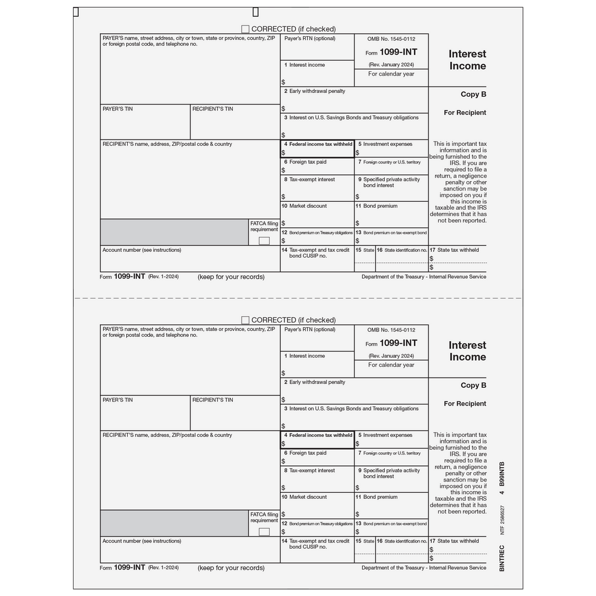 1099-INT Interest Income - Copy B Recipient - 25 Qty