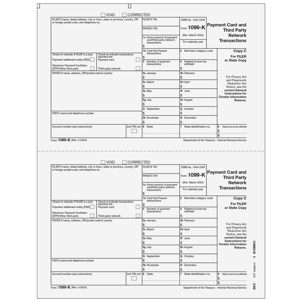Form 1099-K Payment Card and Third Party Network Transactions - Filer State Copy C - 25 Qty