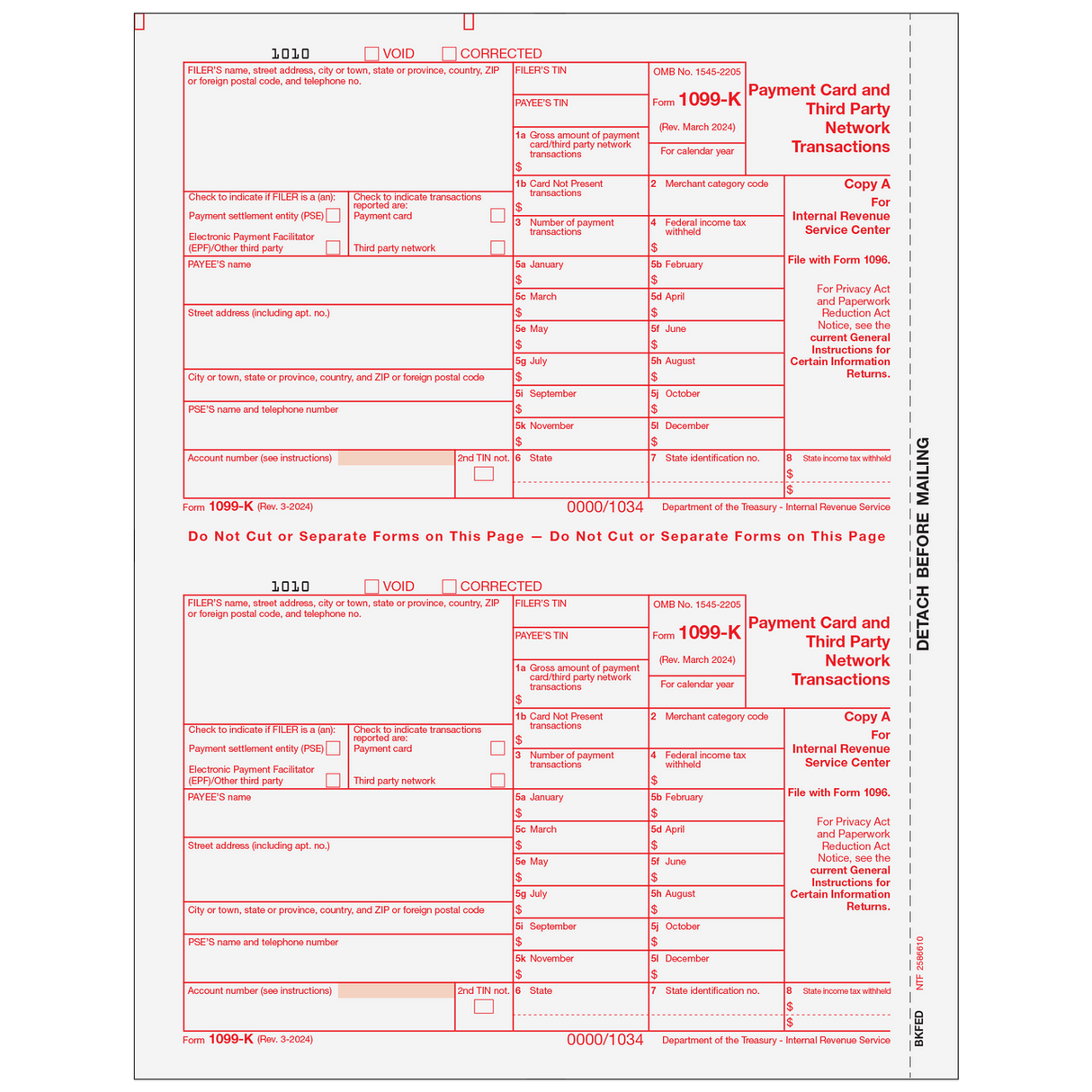 Form 1099-K Payment Card and Third Party Network Transactions - Copy A - 25 Qty