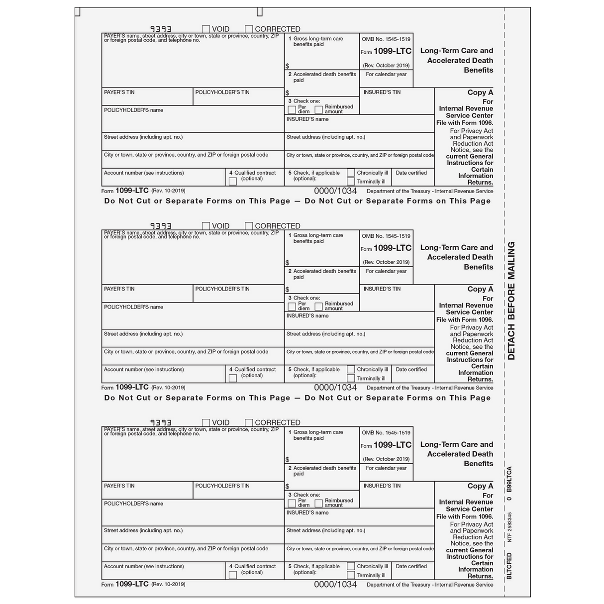 Form 1099-LTC Long Term Care and Accelerated Death Benefits - Copy A Federal - 25 Qty