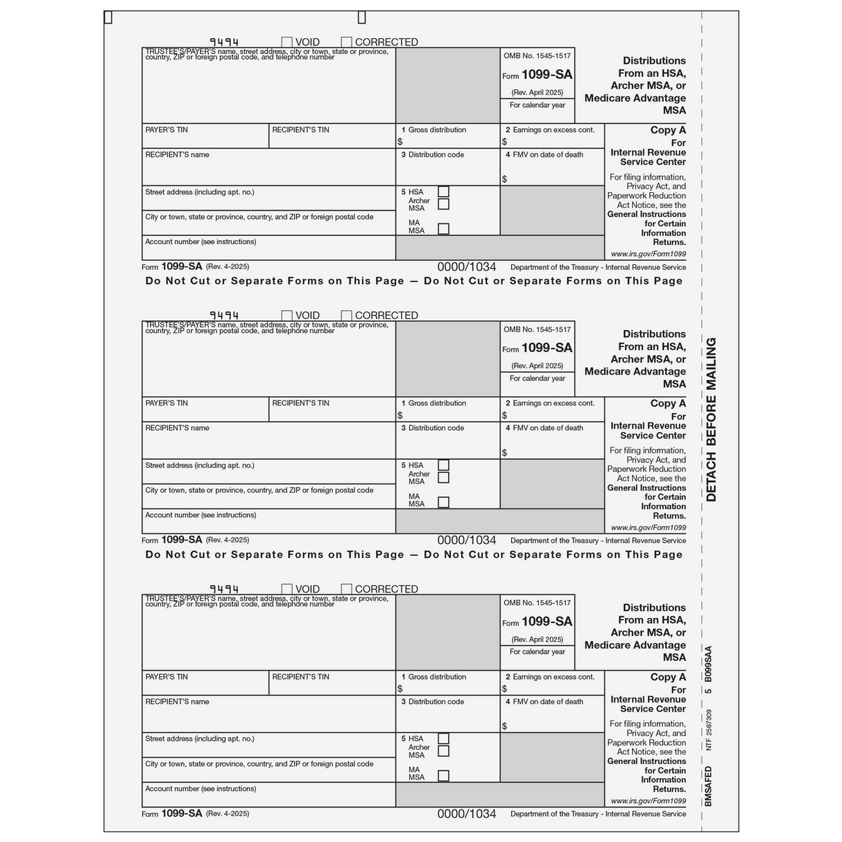 Form 1099-SA Distributions from an HSA, Archer MSA, Or Medicare Advantage MSA - Copy A Federal - 25 Qty