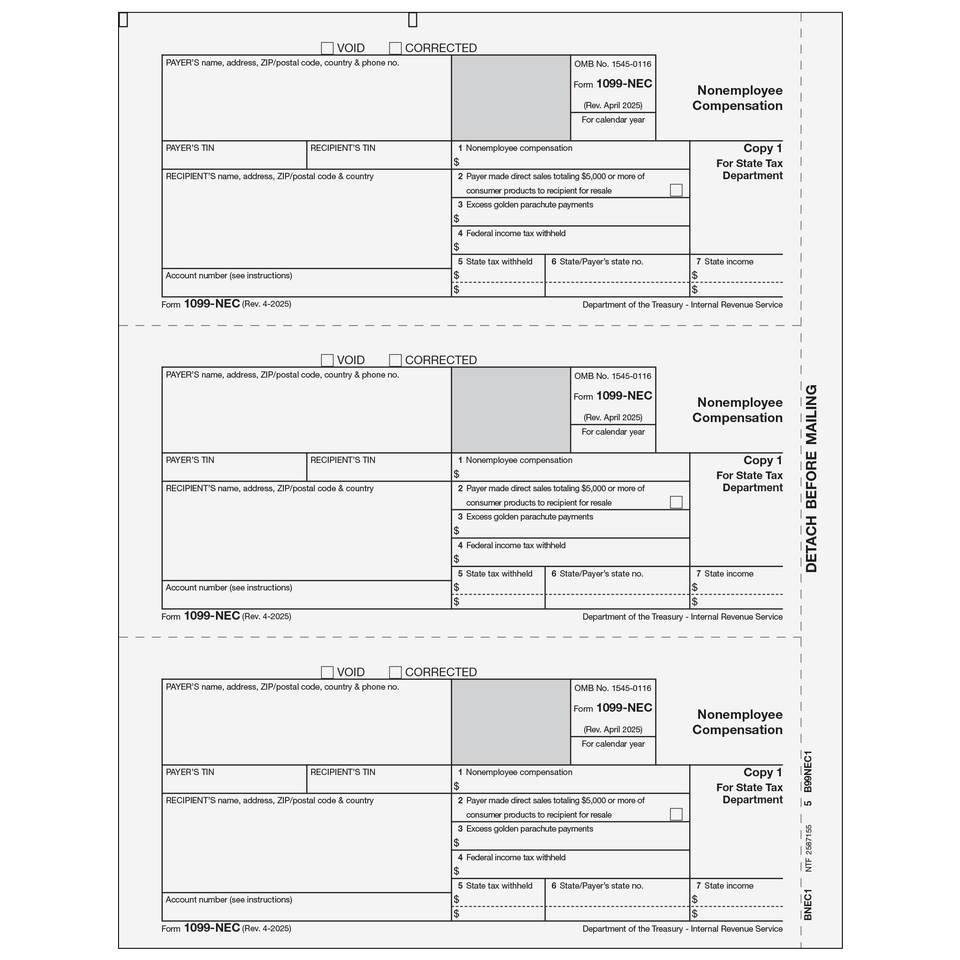 1099-NEC Non-Employee Compensation - Payer State Copy 1 - 25 Qty