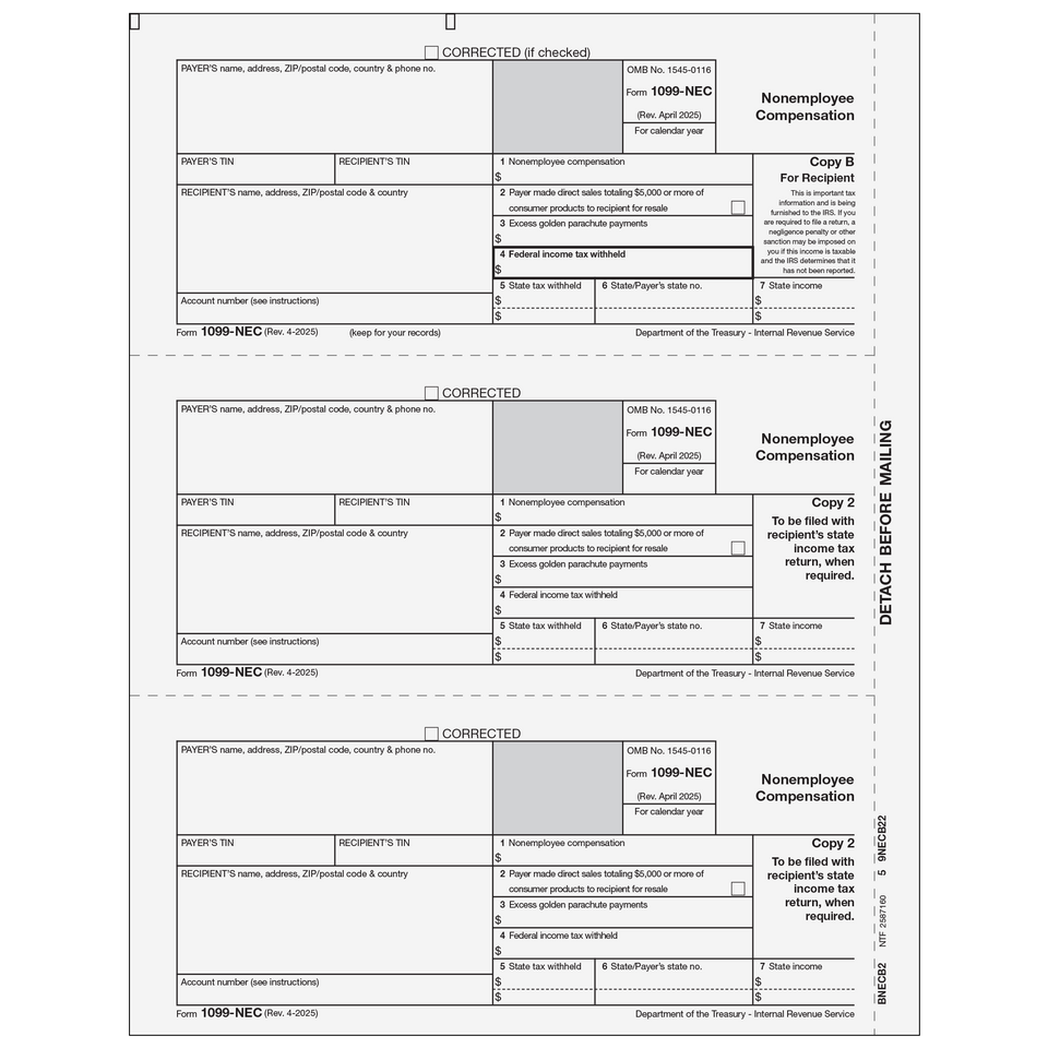 1099-NEC Non-Employee Compensation - Recipient Copies B/2 - 25 Qty