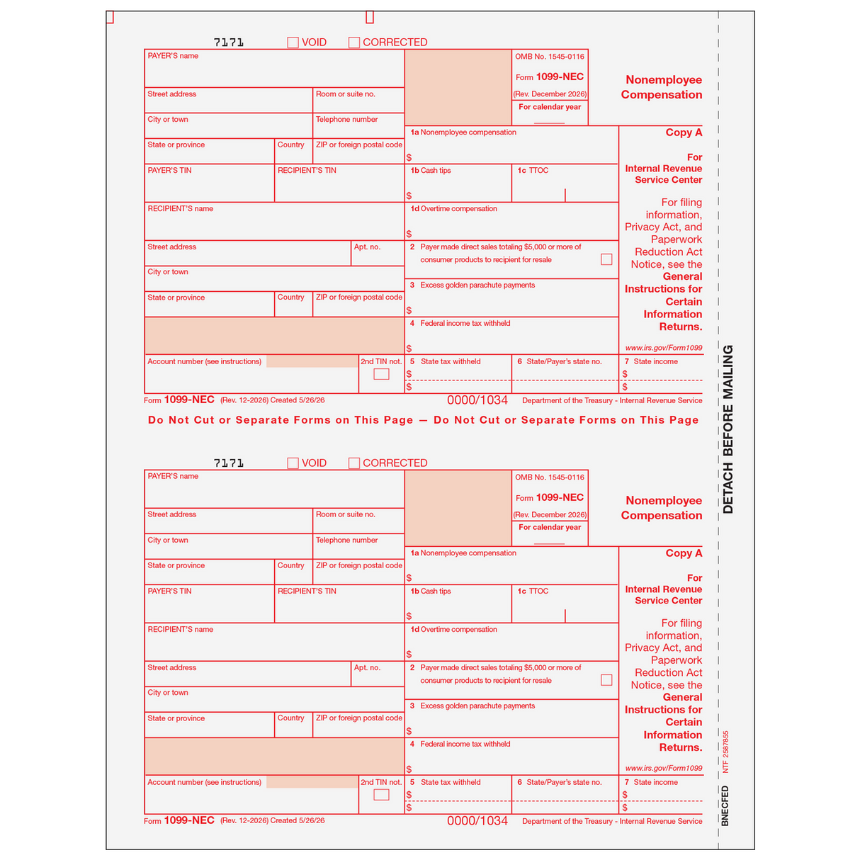 2026 1099-NEC Federal Copy A Forms