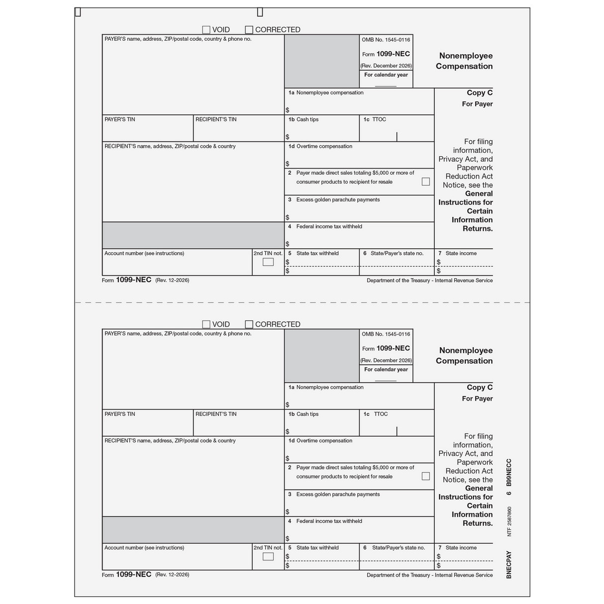 2026 1099-NEC Payer Copy C Forms