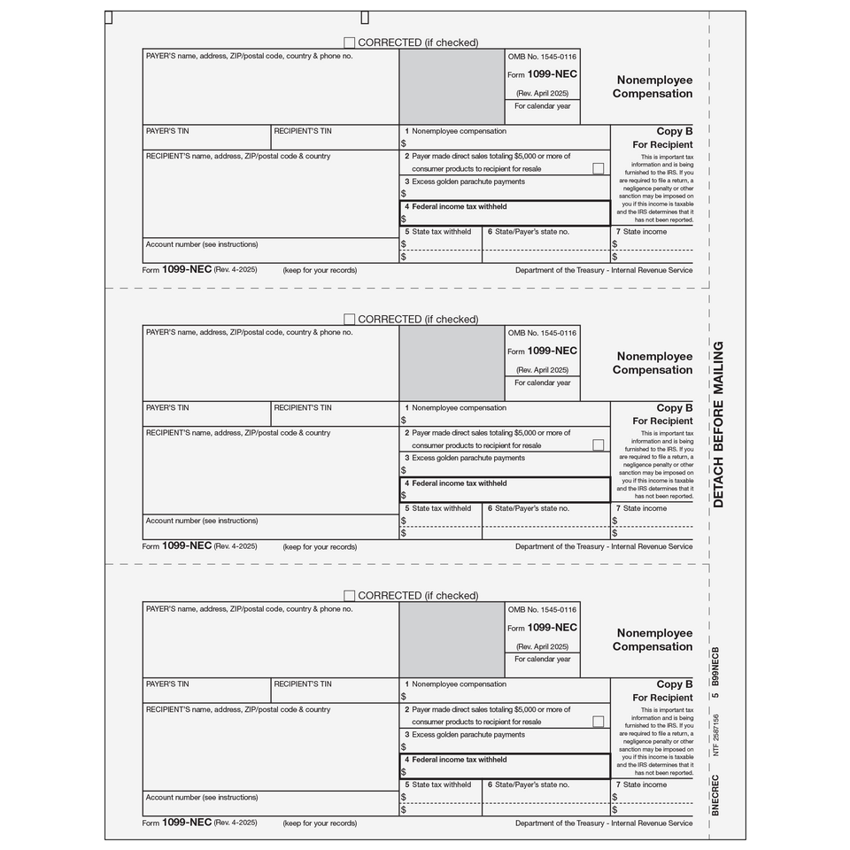 1099-NEC Non-Employee Compensation - Copy B Recipient - 25 Qty