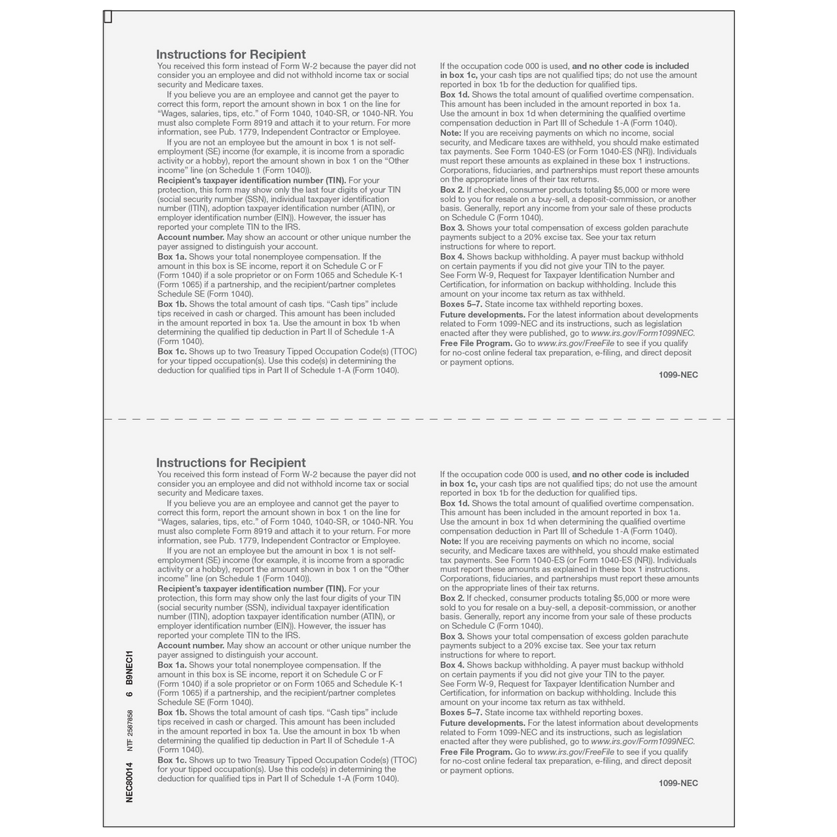 2026 1099-NEC Recipient Copy B Forms