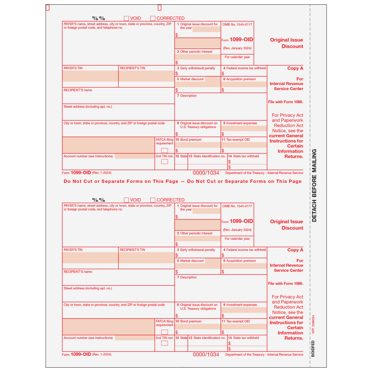 Form 1099-OID Original Issue Discount - Copy A Federal - 25 Qty