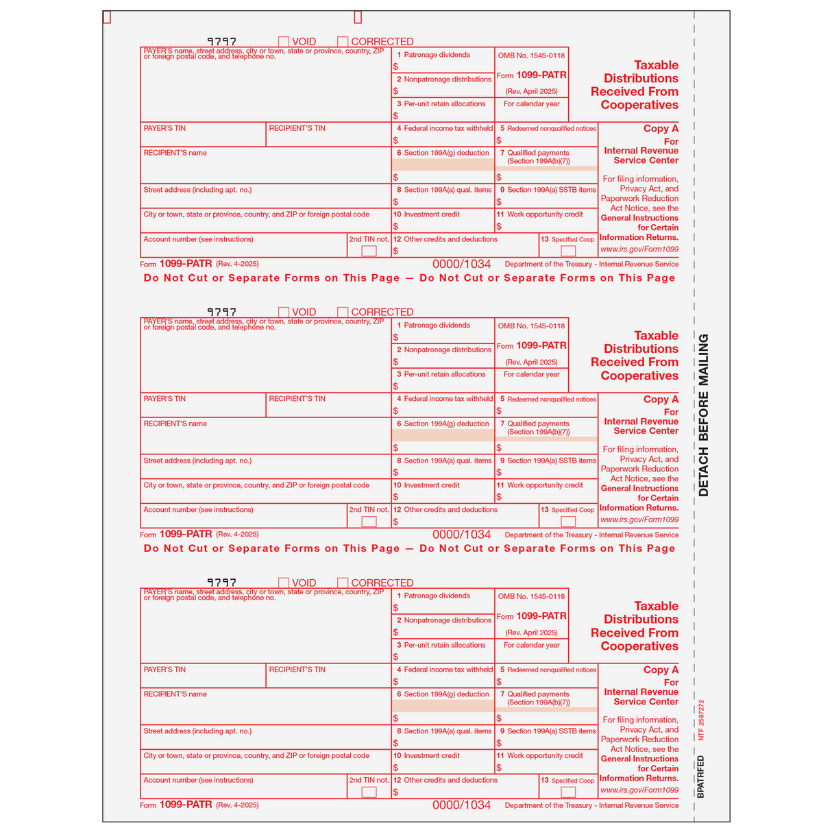 Form 1099-PATR Taxable Distributions From Cooperatives - Copy A Federal - 25 Qty