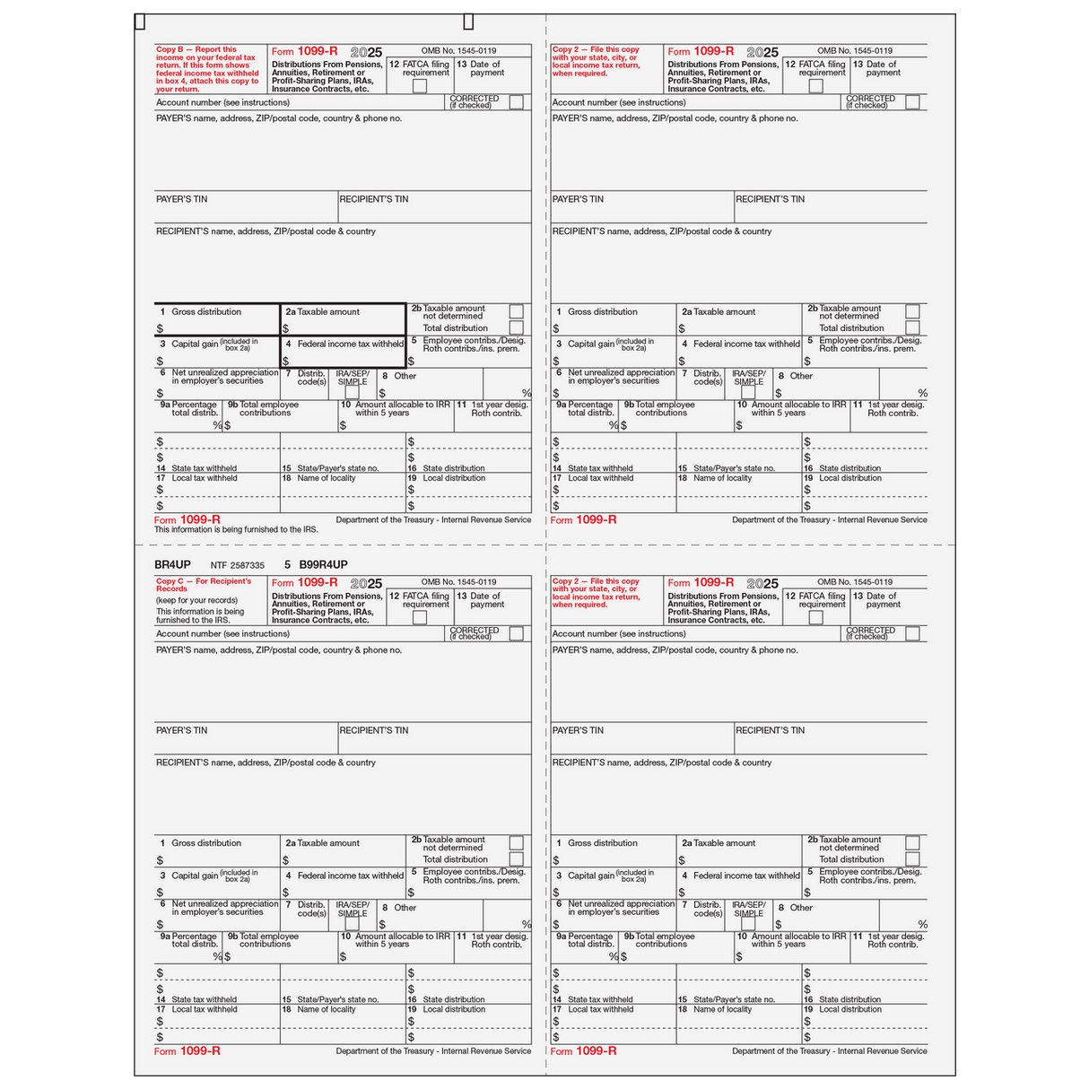 1099-R 4up Quadrant Recipient Copies: B/2/C/2 - 25 Qty