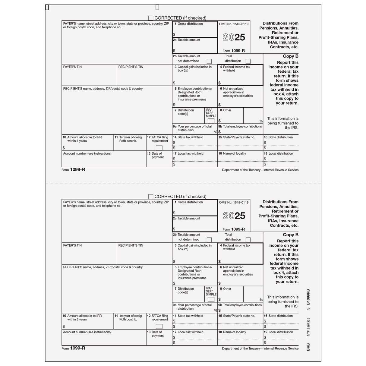 Form 1099-R Distributions From Pensions, etc.- Copy B Recipient - 25 Qty
