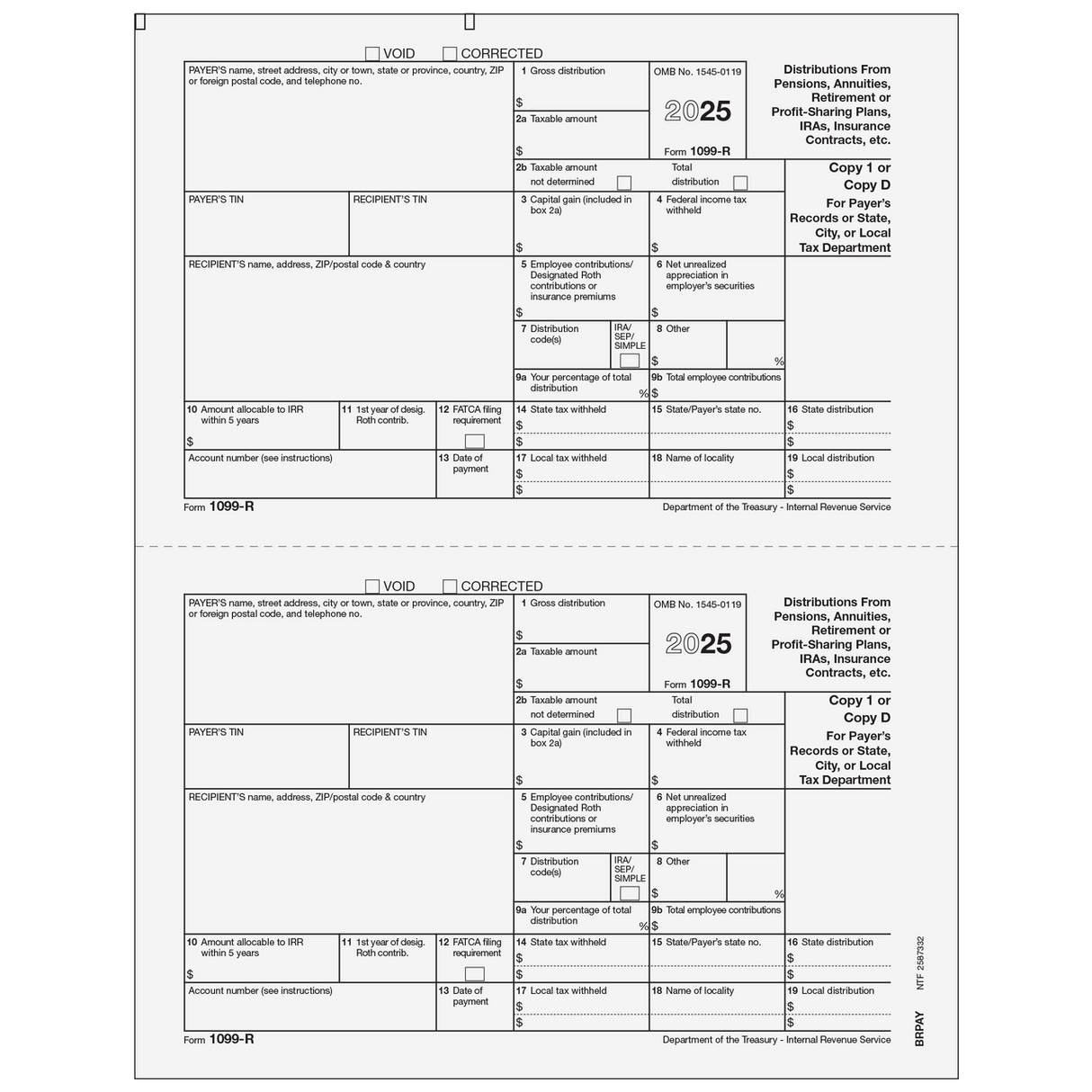 Form 1099-R Distributions From Pensions, etc. Copy D/1 Payer/State - 25 Qty