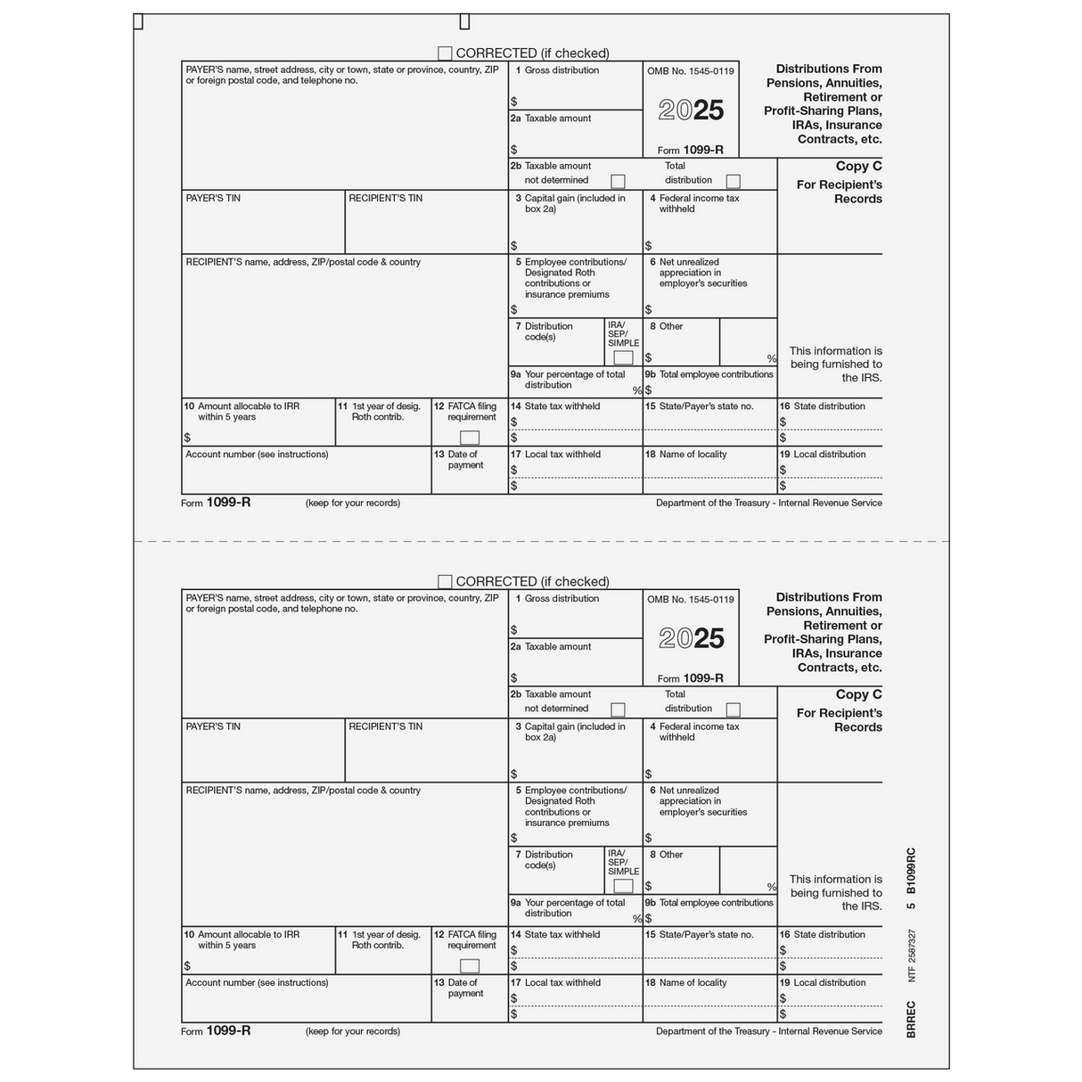 Form 1099-R Distributions from Pensions, etc. - Copy C Recipient - 25 Qty