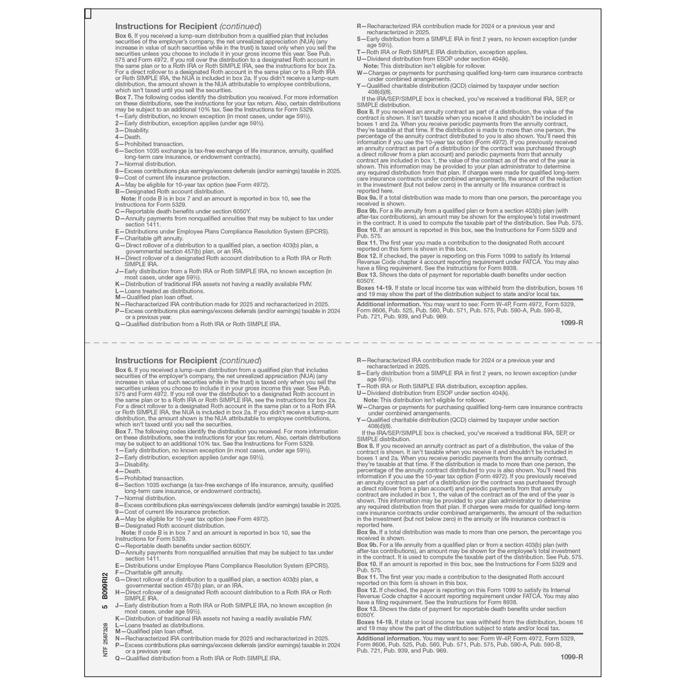 Form 1099-R Distributions from Pensions, etc. - Copy C Recipient - 25 Qty