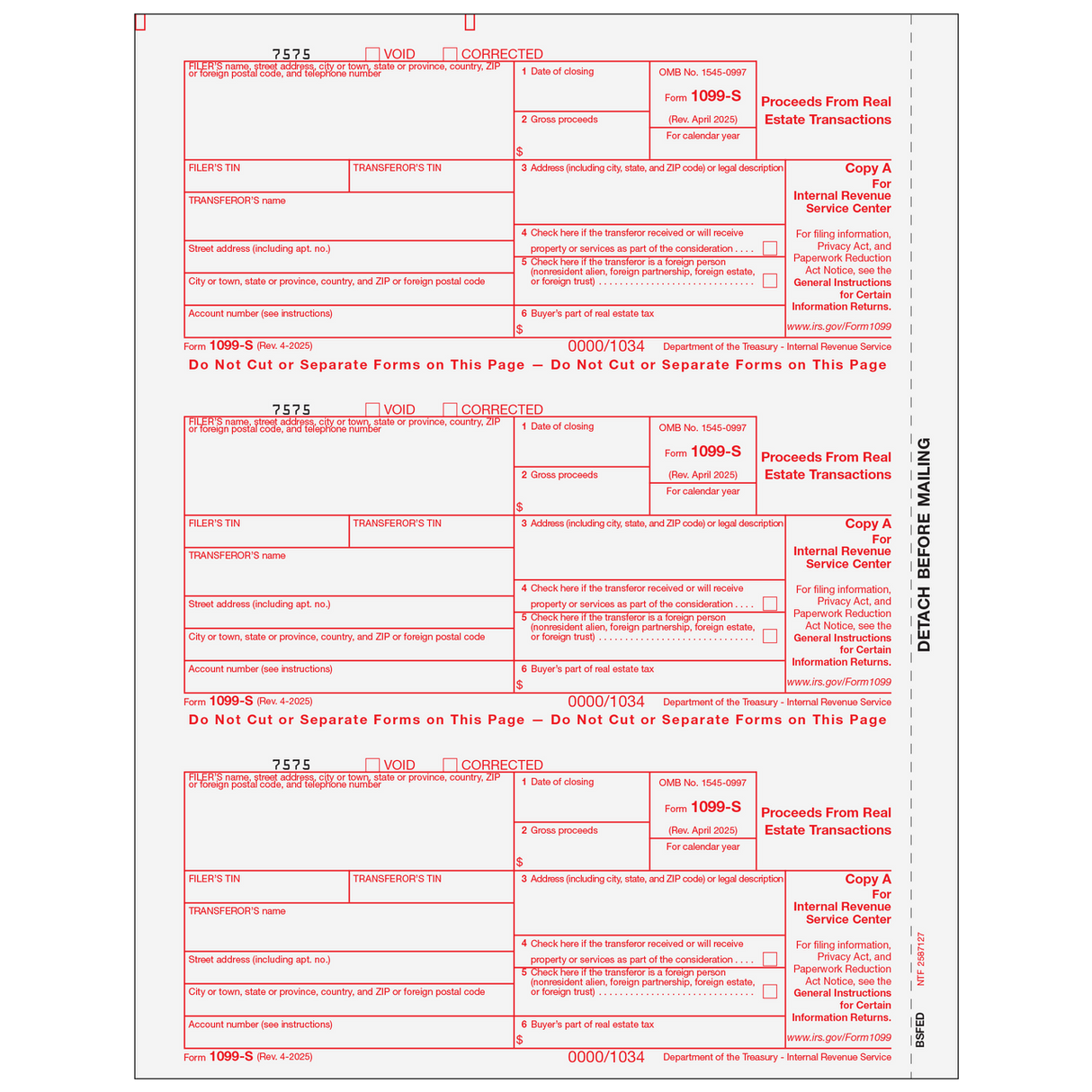 Form 1099-S - Proceeds from Real Estate Transactions - Copy A Federal  - 25 Qty