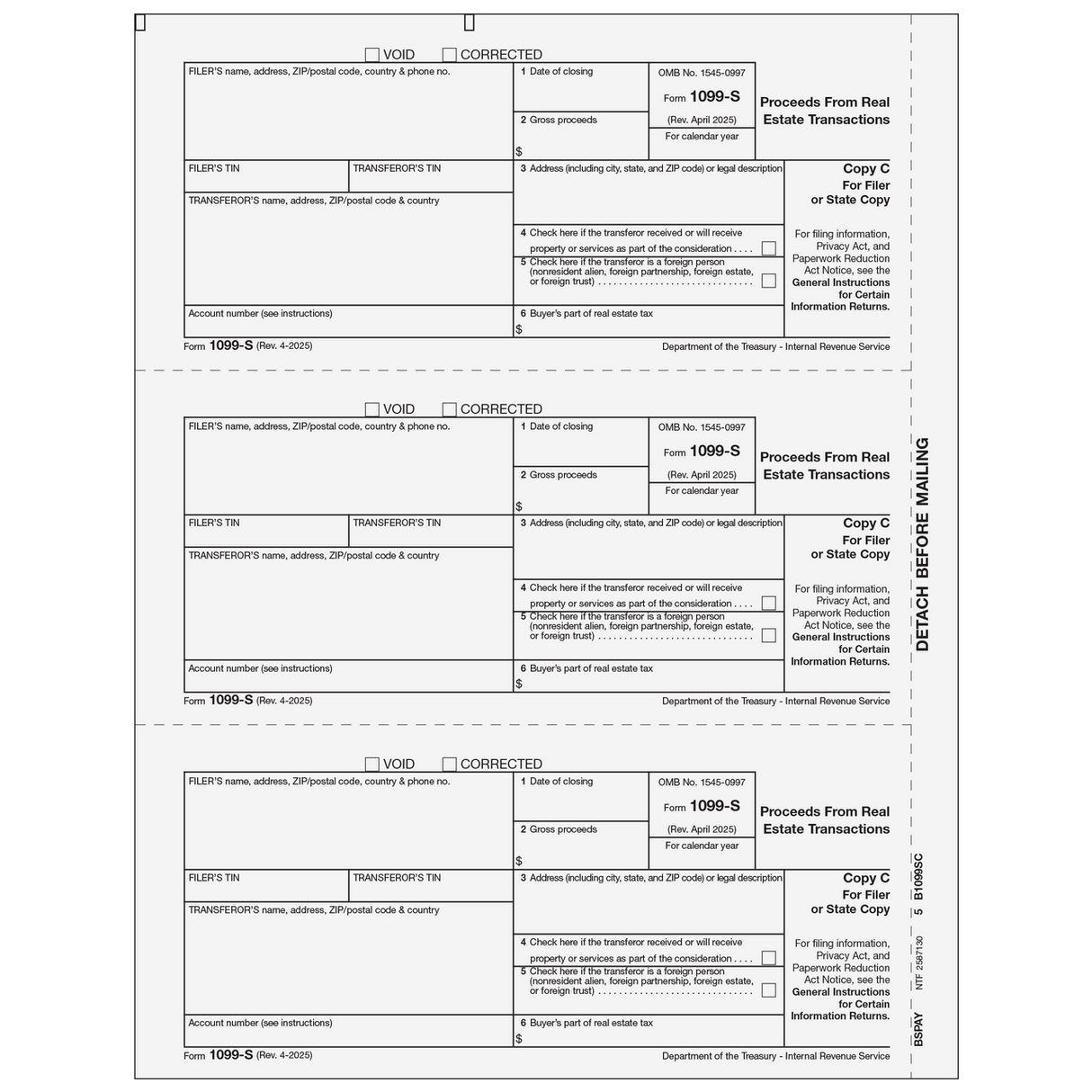 Form 1099-S Proceeds From Real Estate Transactions - Copy C Filer or State - 25 Qty