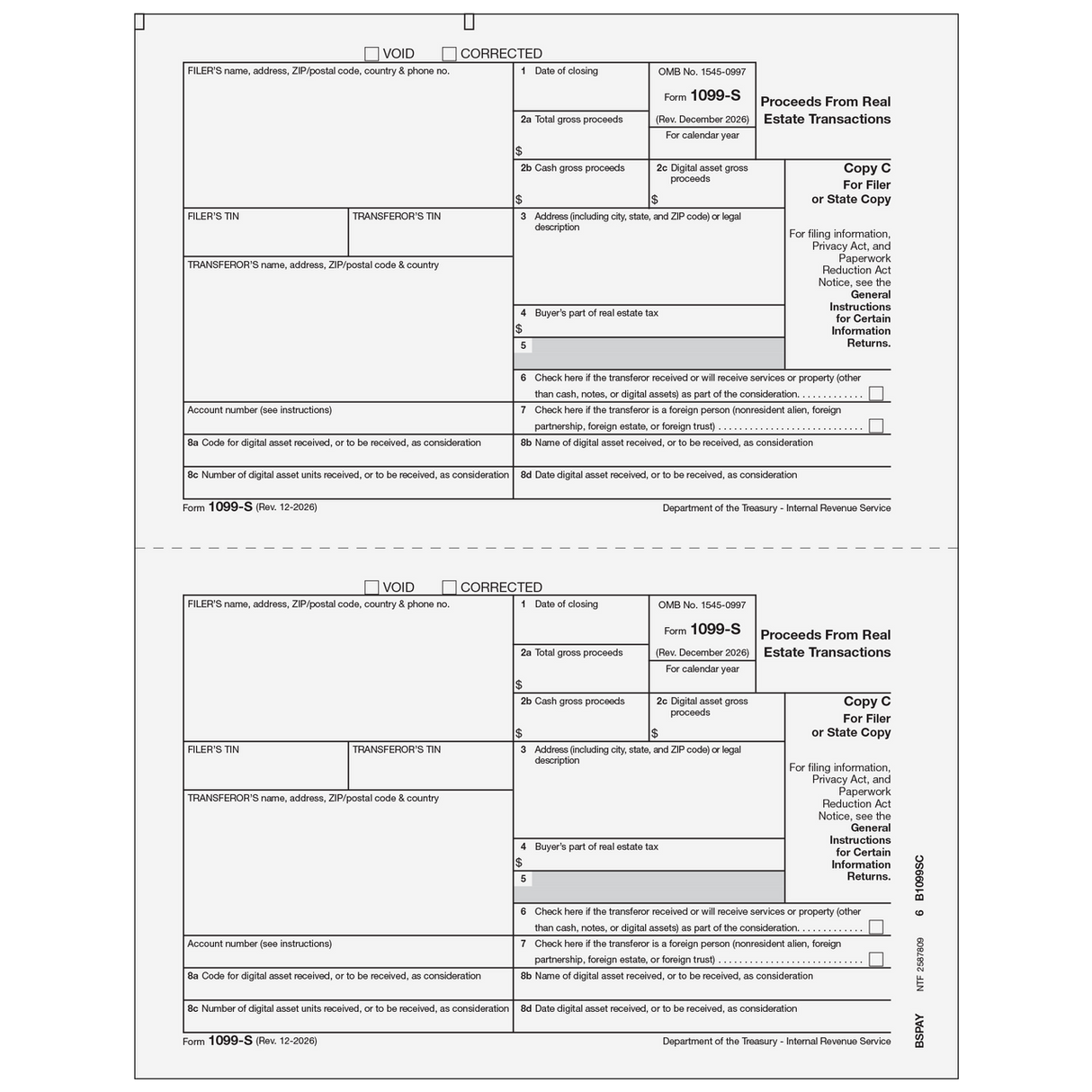 2026 1099-S Filer or State Copy C Forms