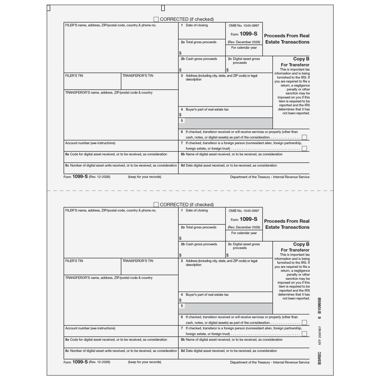 2026 1099-S Transferor Copy B Forms