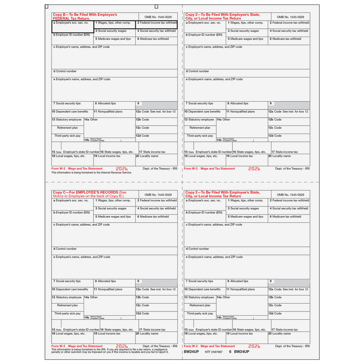 2026 W-2 Employee 4-Up Quadrant Copies B/2/C/2 Preprinted Laser Forms