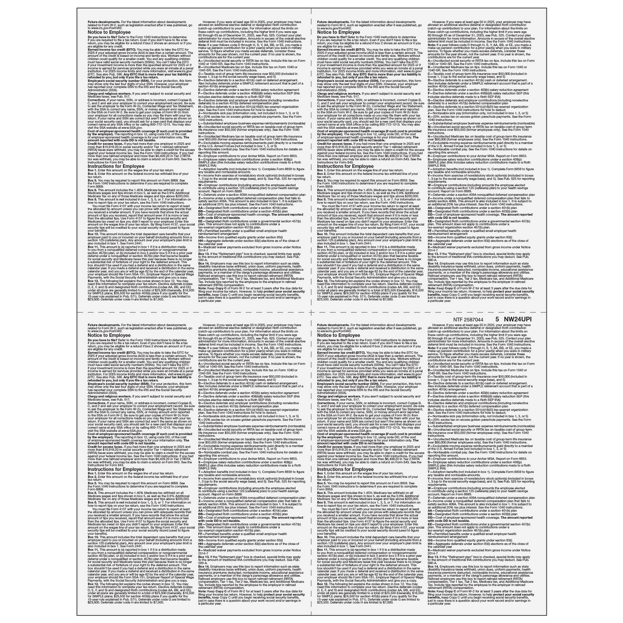 Form W-2 4up Quadrant Condensed Copies: B/2/C/2