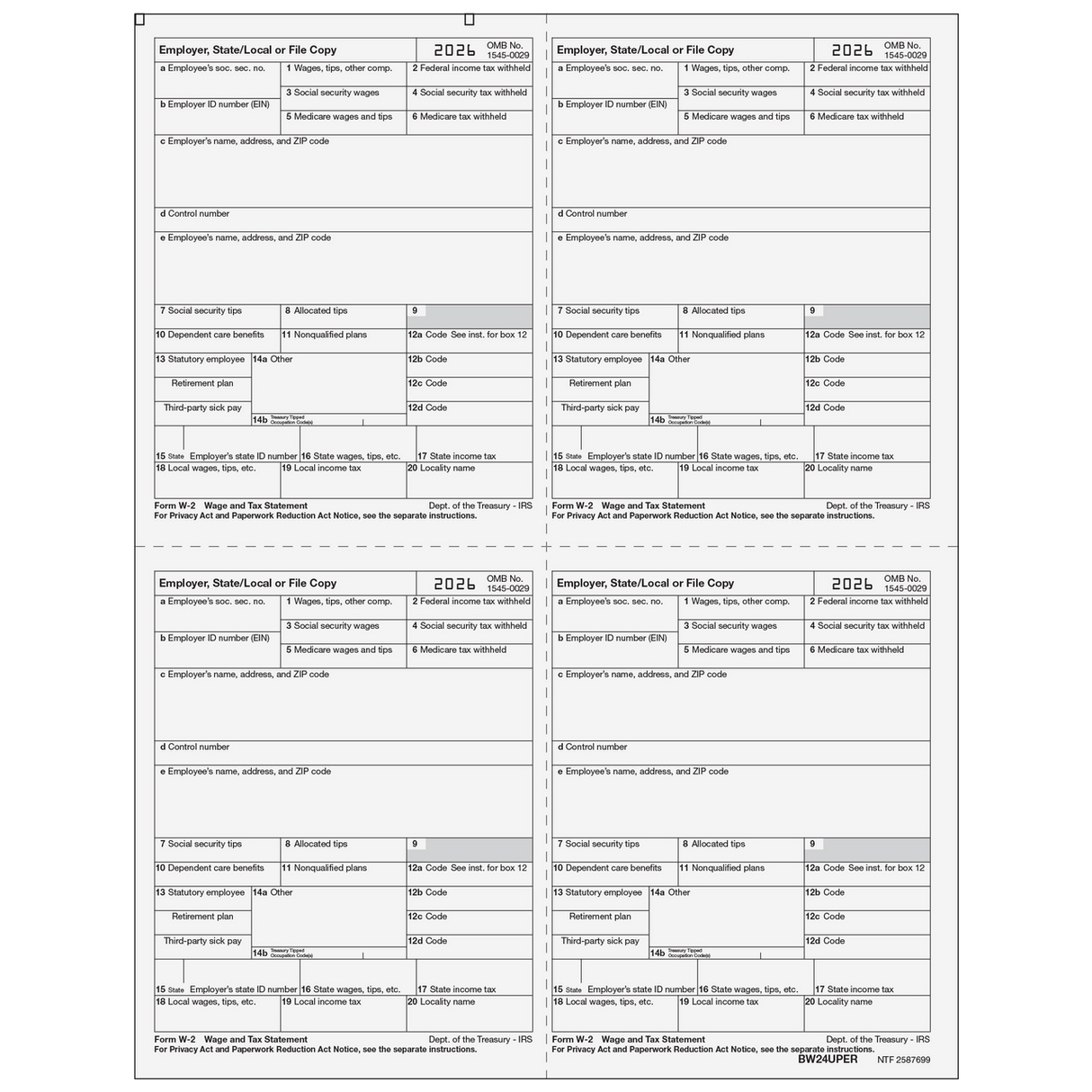 2026 W-2 Employer 4-Up Quadrant State/File Copies Preprinted Laser Forms
