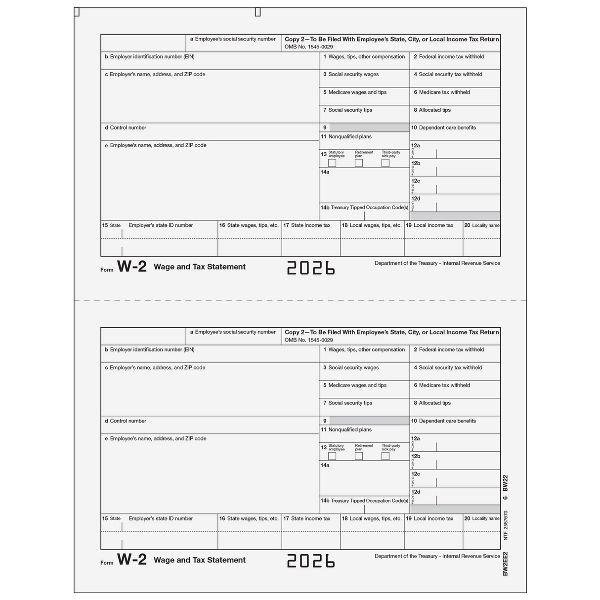 2026 W-2 Employee State/City Copy 2 Preprinted Laser Forms