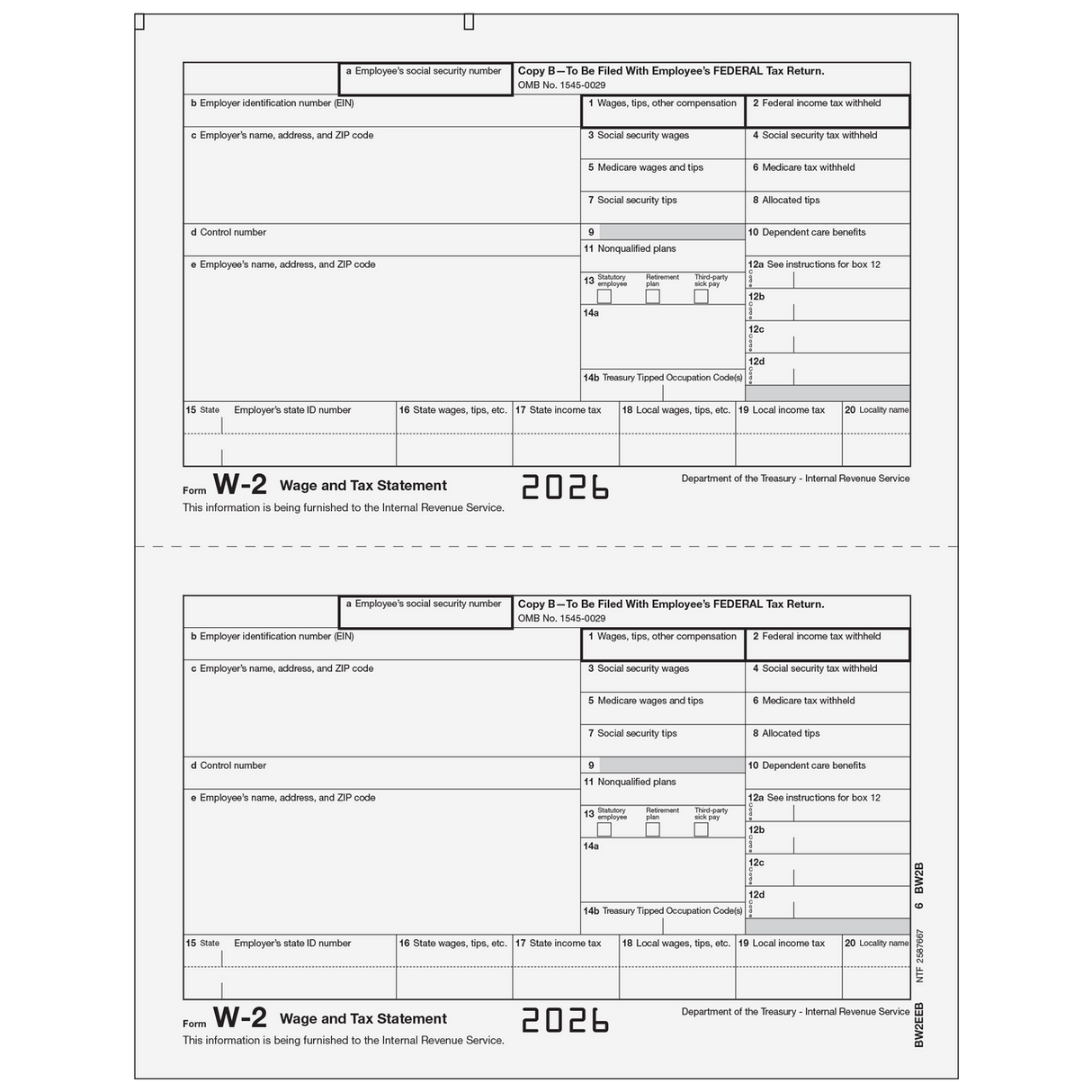 2026 W-2 Employee Federal Copy B Preprinted Laser Forms